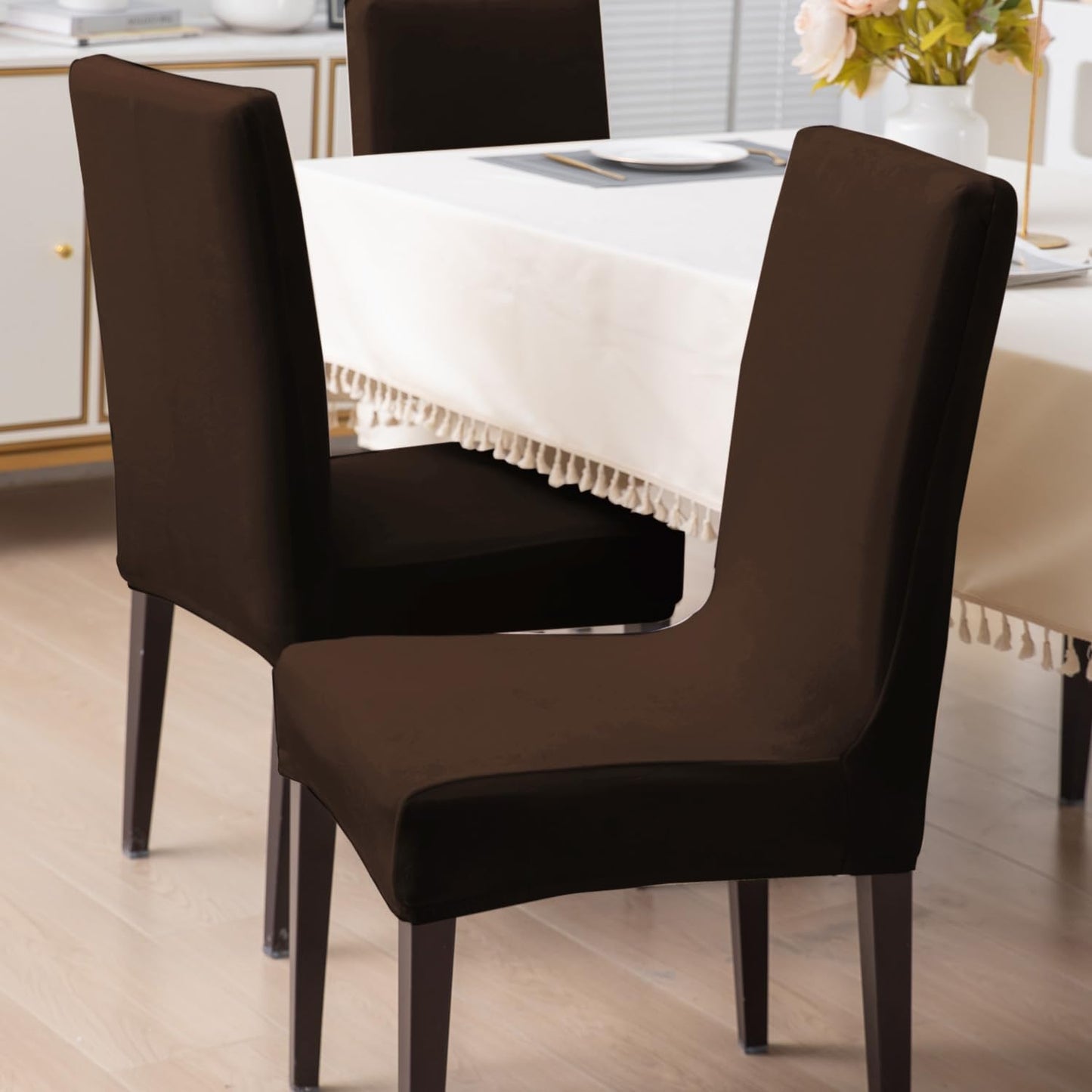 Elastic Stretchable Premium Velvet Dining Chair Cover, Brown
