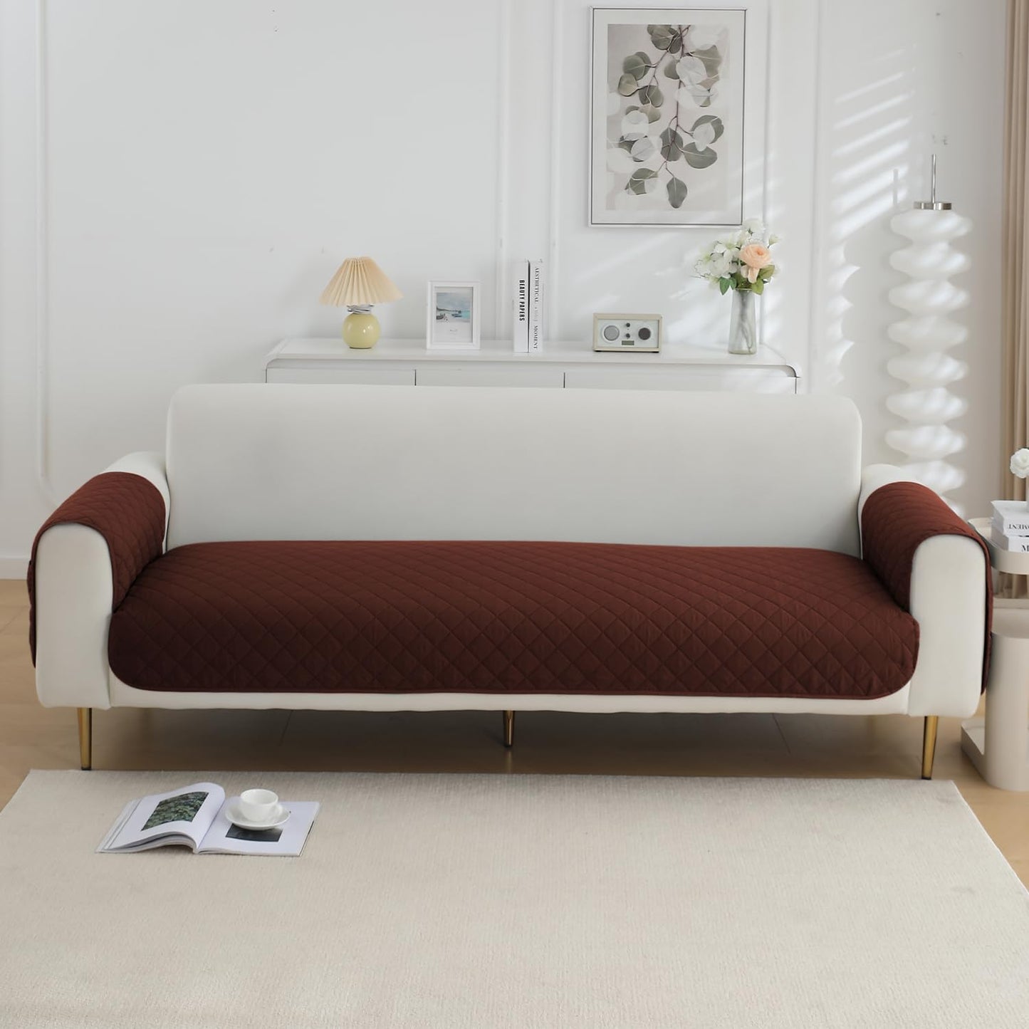 HOKIPO Quilted Waterproof Sofa Seat Mat with 2 Armrest Covers with Pockets, Brown