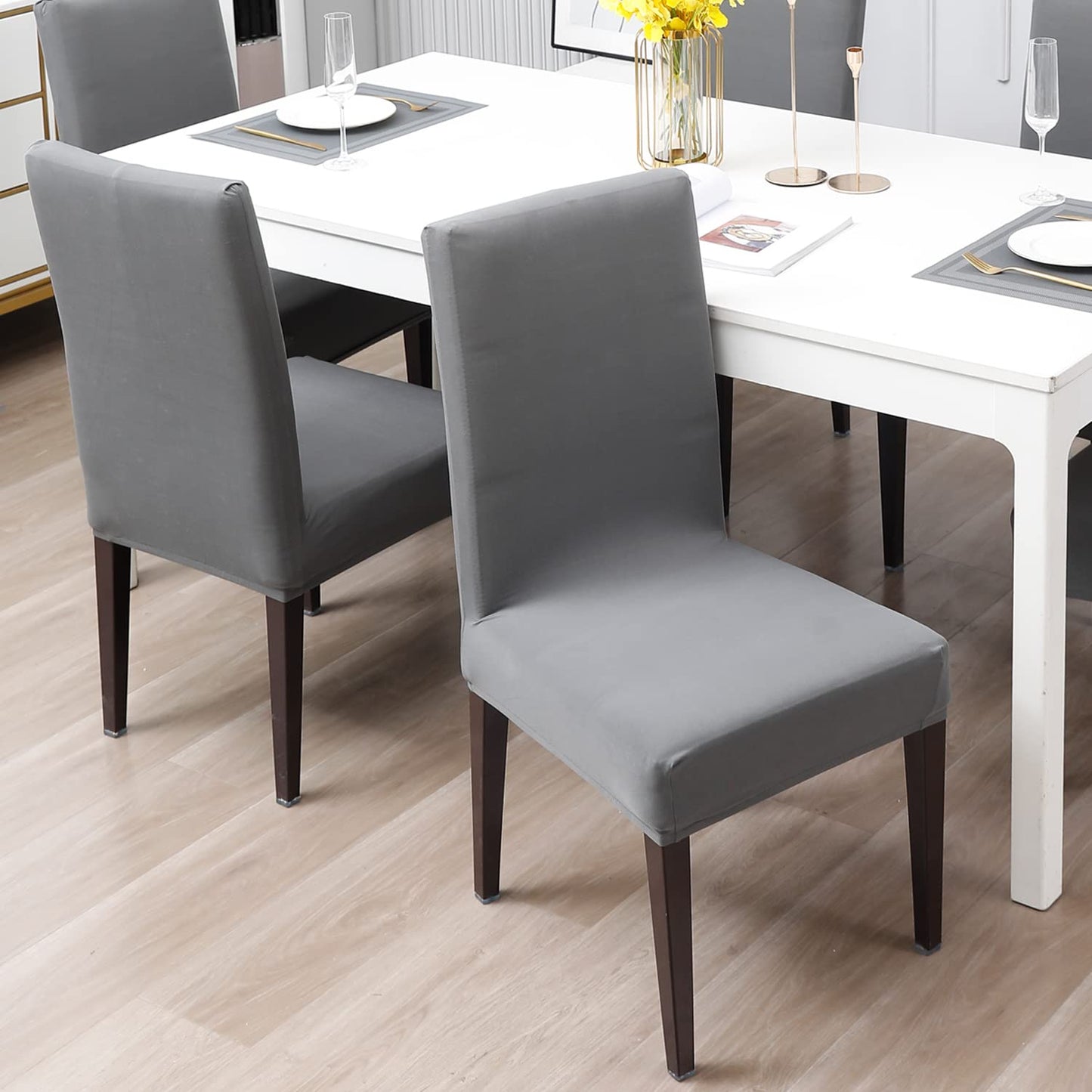 Elastic Stretchable Water Resistant Dining Chair Cover, Light Grey