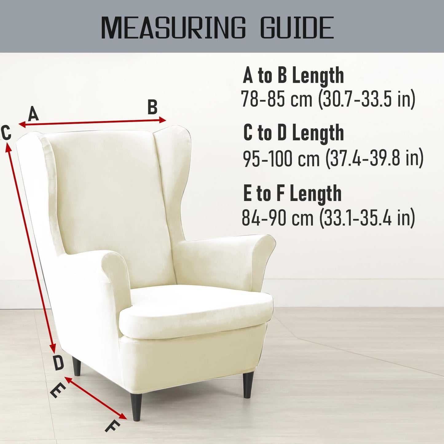 Size Guide for Beige Premium Velvet Chair Covers for Wingback Chairs