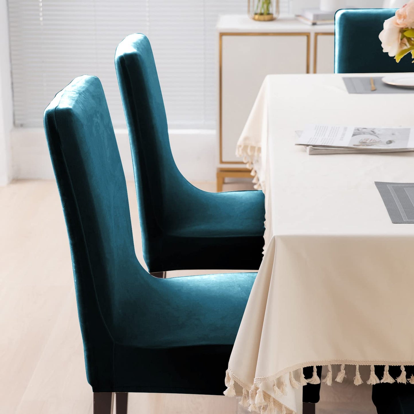 Elastic Stretchable Premium Velvet Dining Chair Cover, Peacock Blue