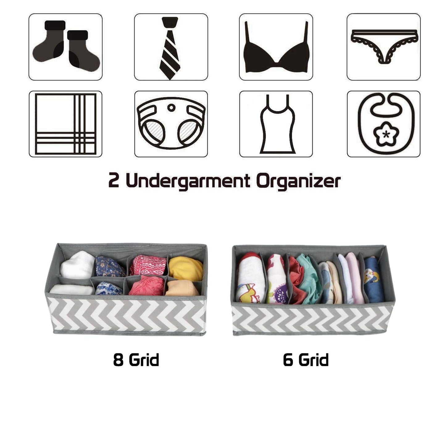 2 Pcs Undergarment Organizer Storage Box for Drawers Bra Panty Socks Tie Lingerie Organizer for Wardrobe, 8x6 Grid