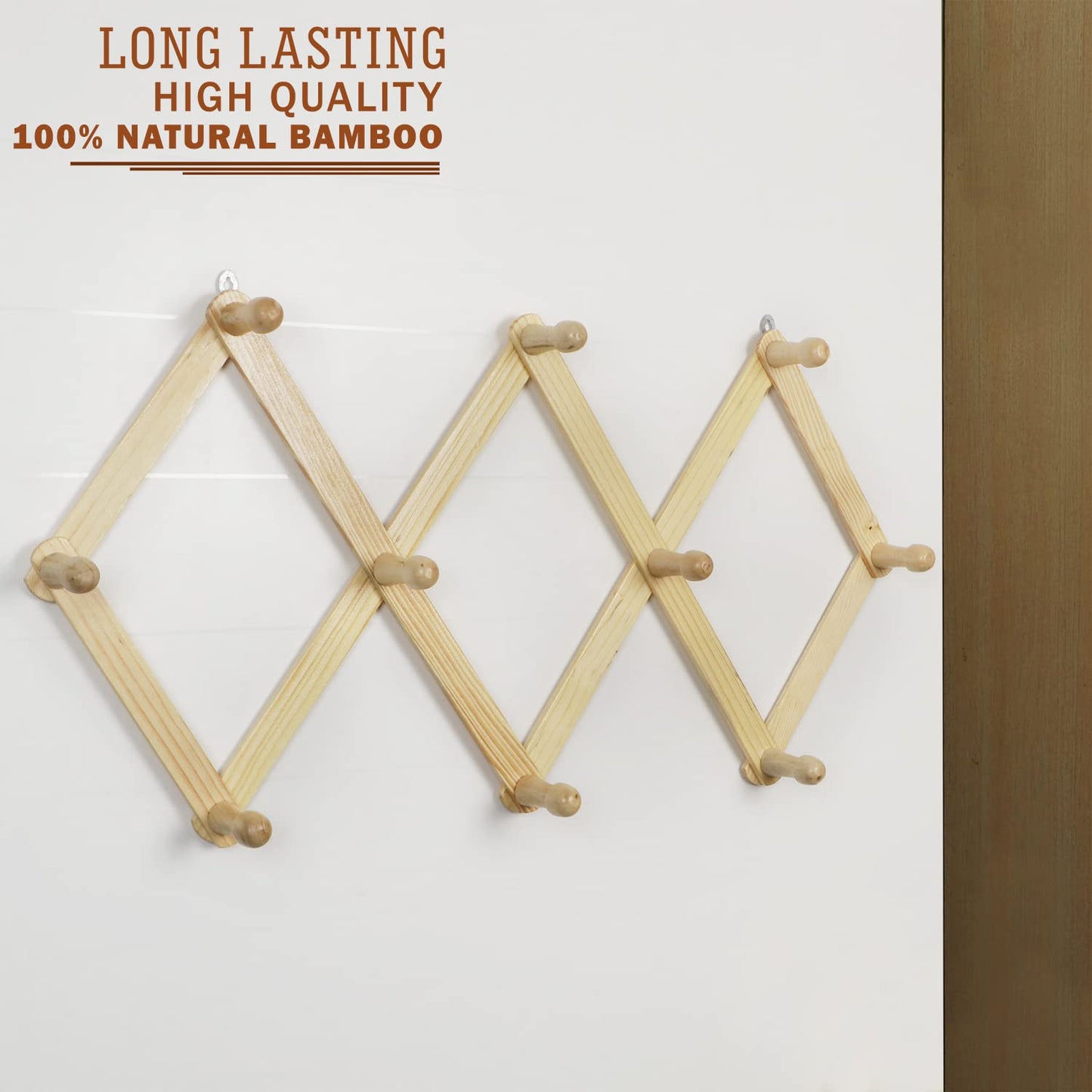 Wooden Bamboo Wall Mounted Adjustable Hanger for Clothes/Coats/Hats - 44 cm