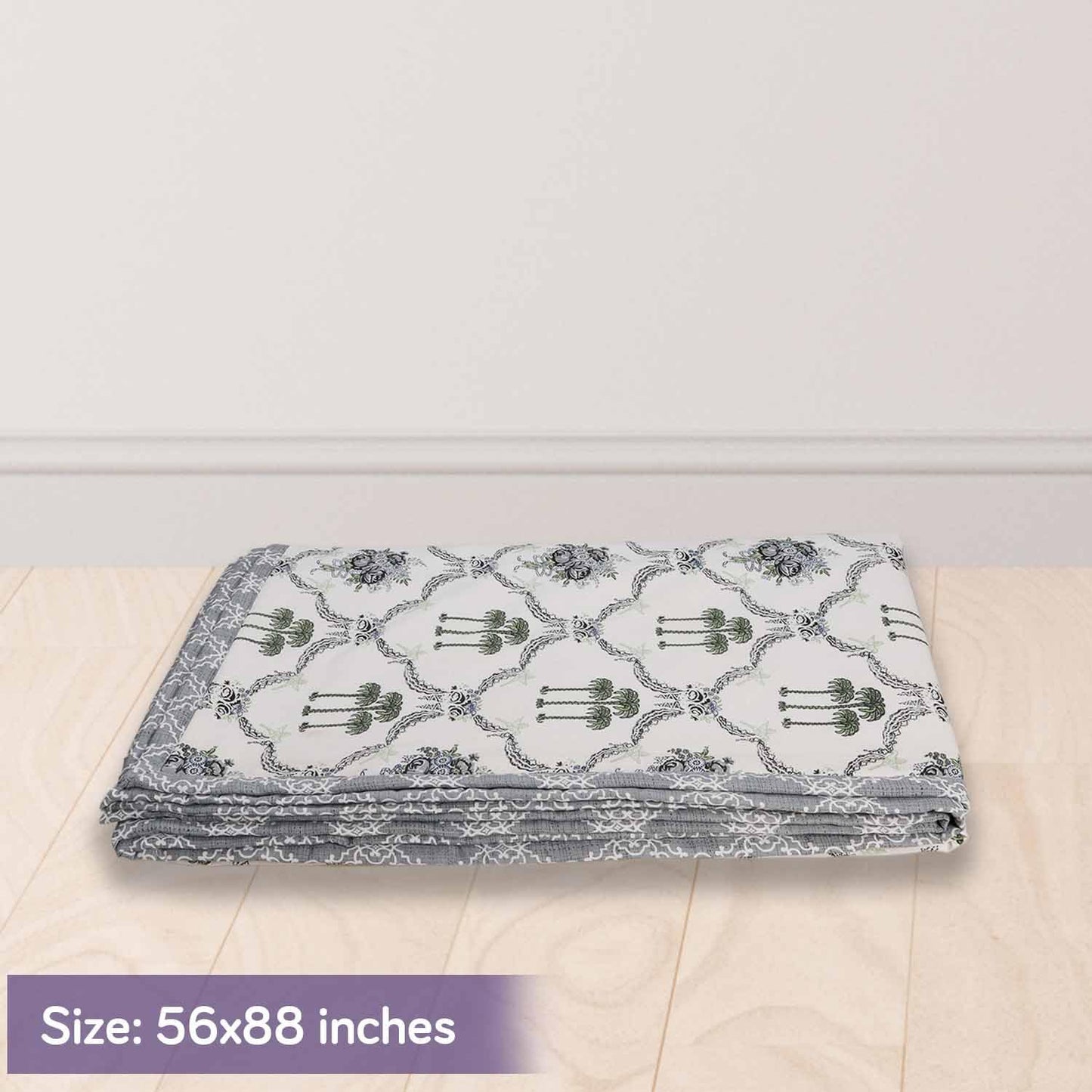 Reversible Cotton Dohar AC Blanket, Oxford Grey Palm Tree