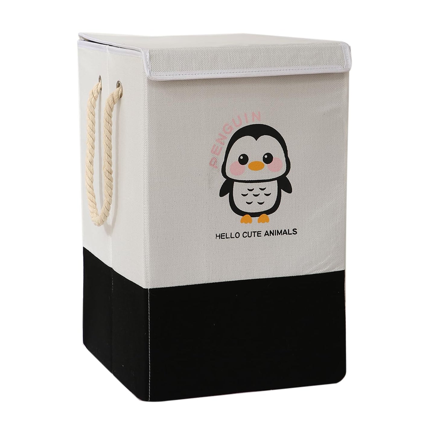Foldable Laundry Basket for Clothes with Lid, Black - Penguin