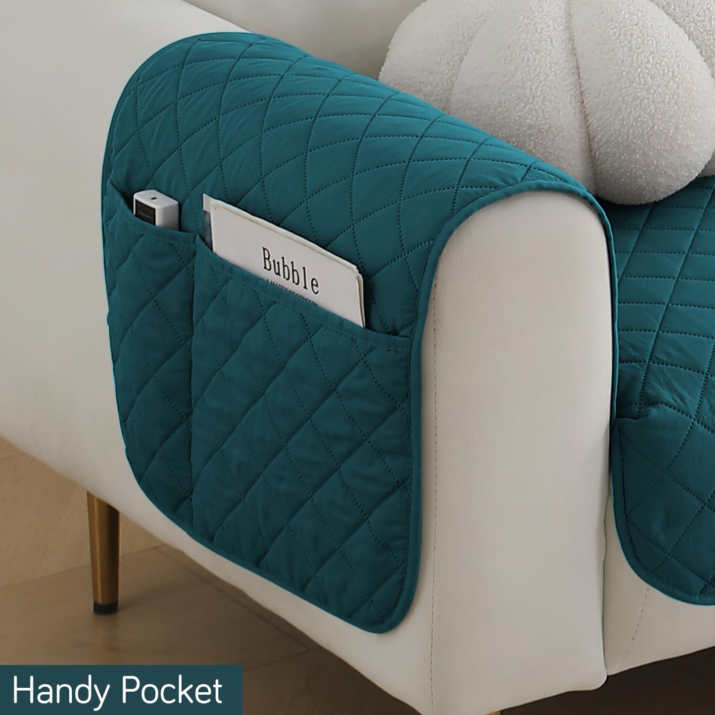 HOKIPO Quilted Waterproof Sofa Seat Mat with 2 Armrest Covers with Pockets, Peacock Blue