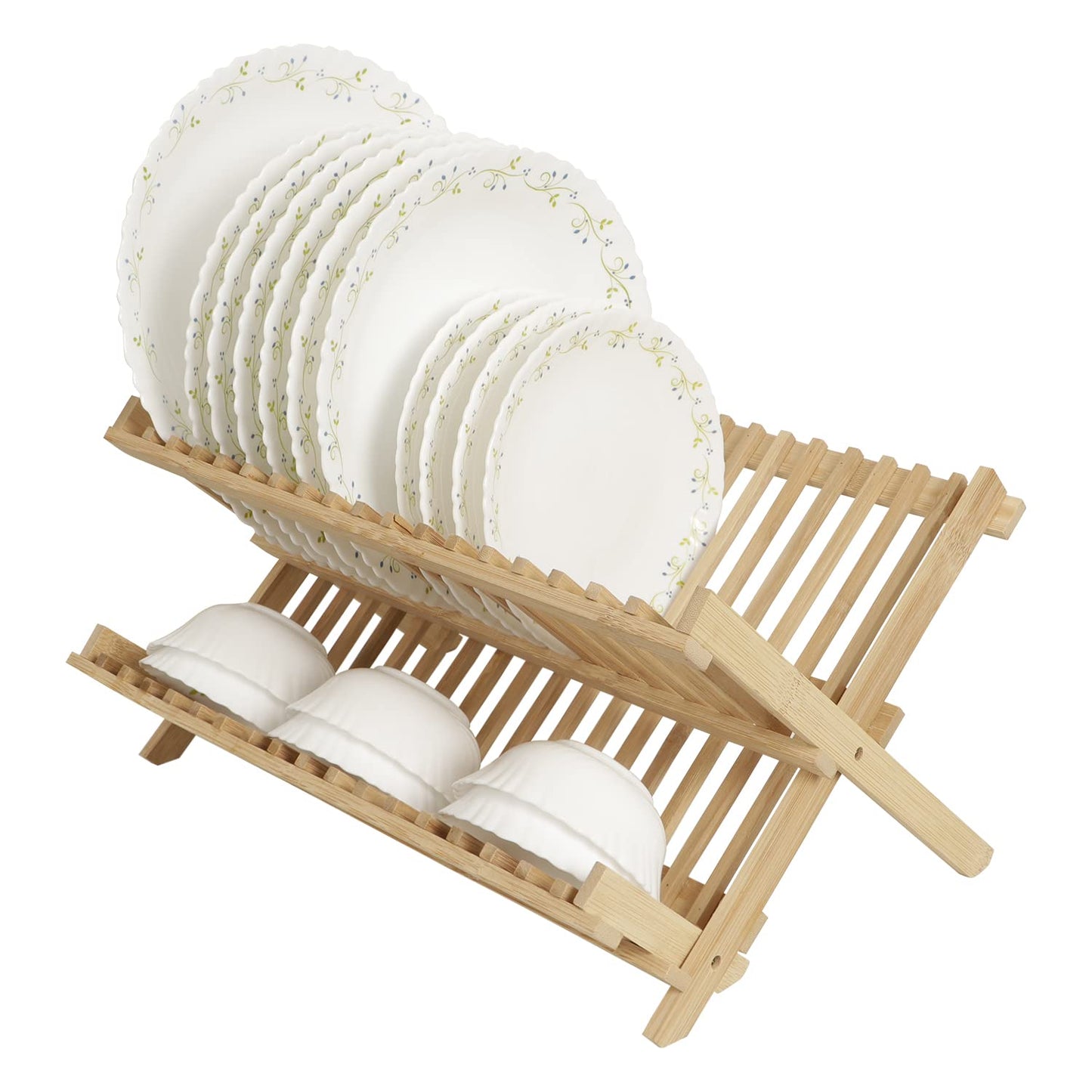 Wooden Folding 2-Tier Bamboo Plate Stands, 42 x 25 x 23 cm