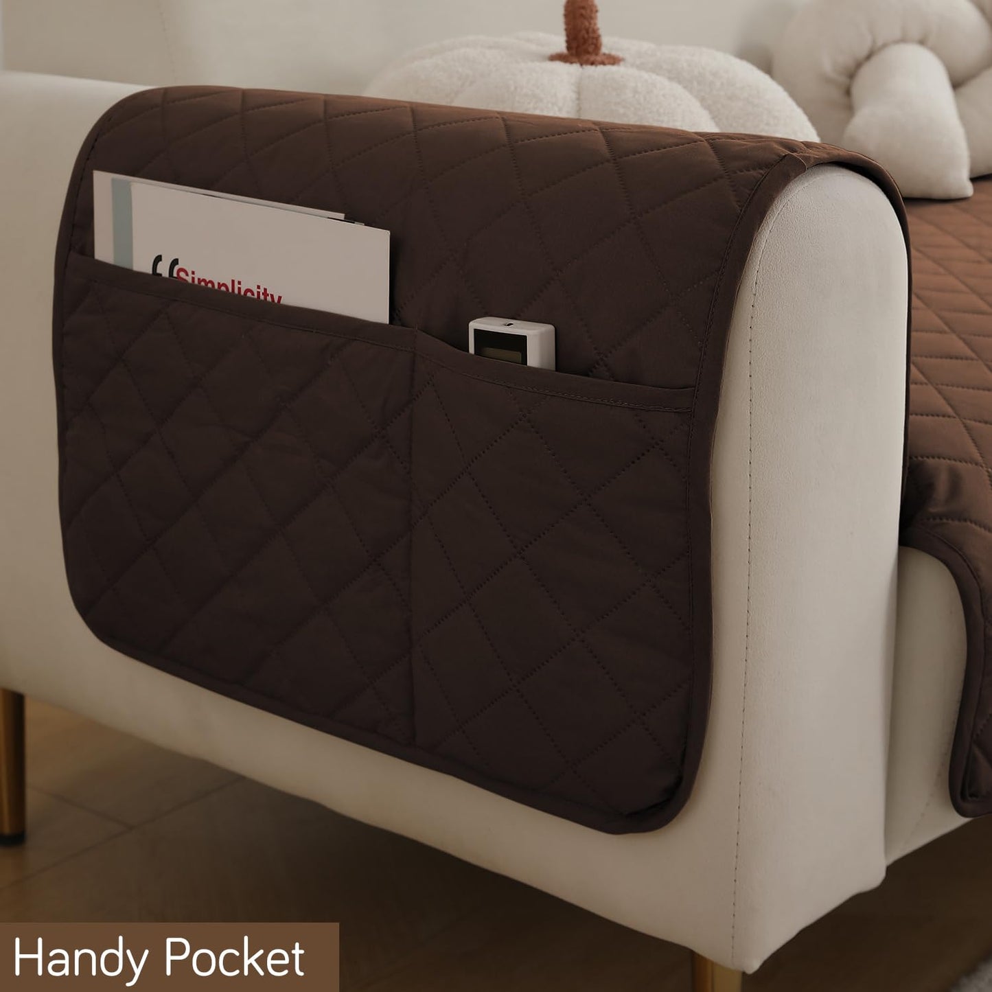 HOKIPO Quilted Waterproof Sofa Seat Mat for 1/2/3 Seater Sofa with 2 Armrest Covers with Pockets, Brown