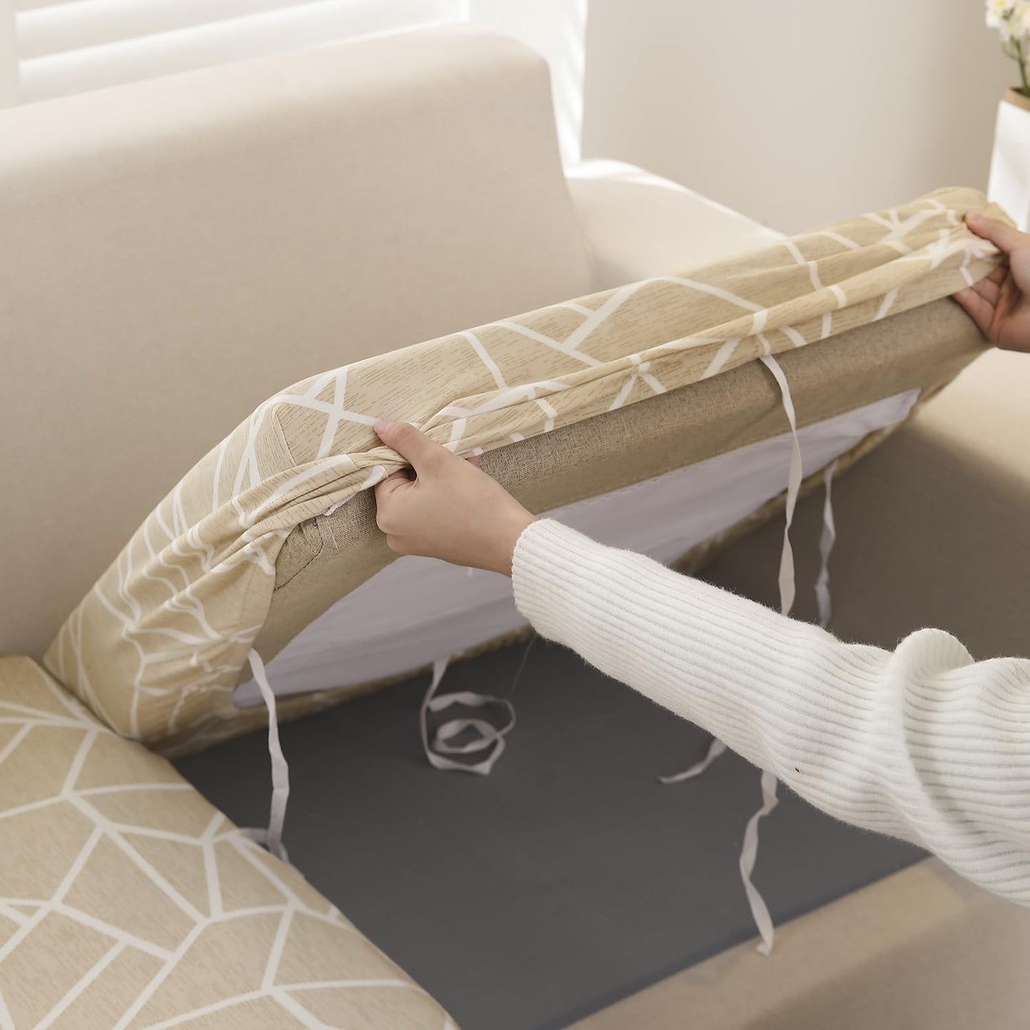 140 GSM Stretchable Printed Elastic Sofa Cushion Seat Cover for 1 /2 /3 Seaters / Pieces for Sofa, Beige Abstract Geometry