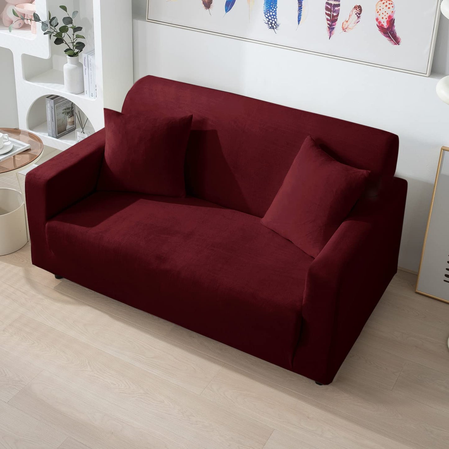 two seater Burgundy elastic stretchable velvet sofa cover