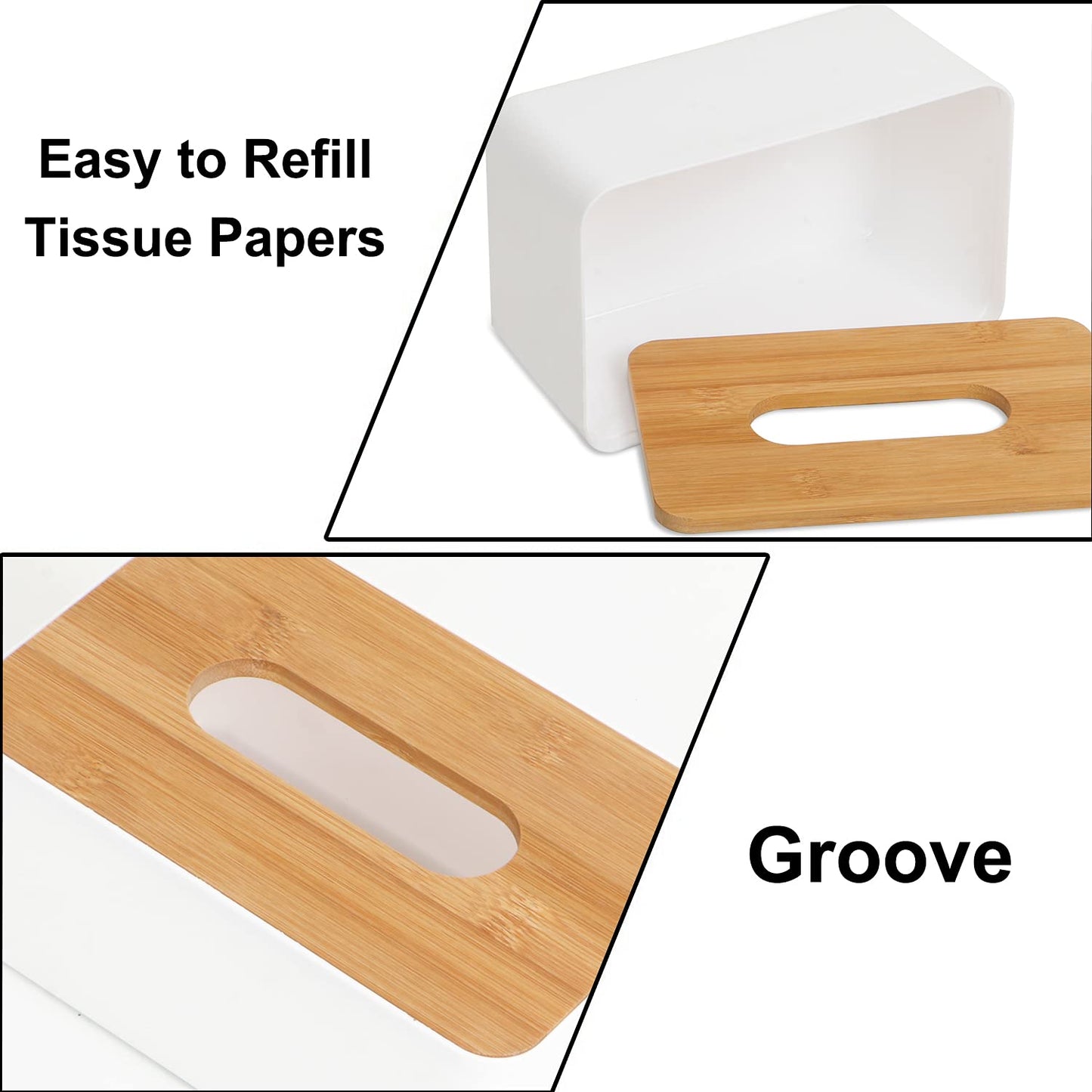 Bamboo Cover Plastic Tissue Box Holder, Tissue Paper Holder Box Case, Tissue Holder Dispenser Organizer for Car Decor Home, 21x12.5x9.5 cm