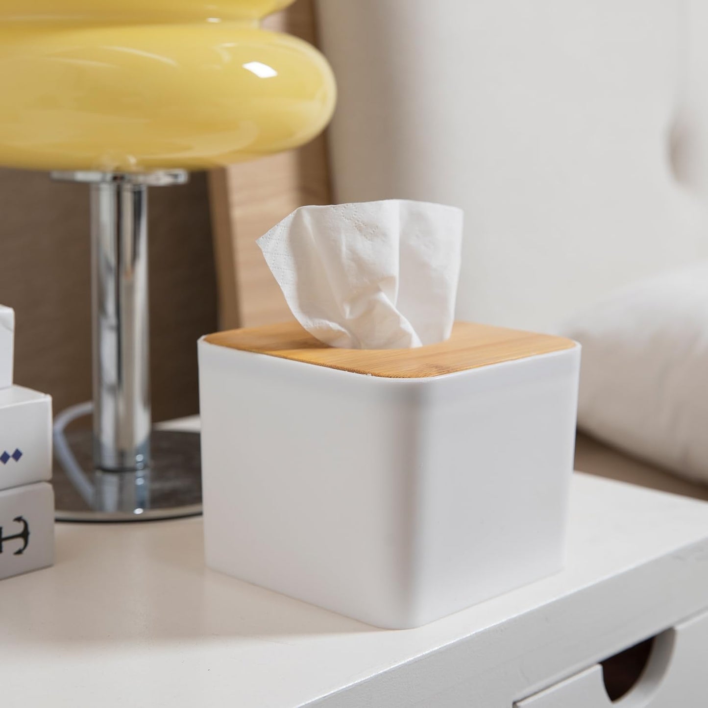 Square Bamboo Tissue Paper Holder, White