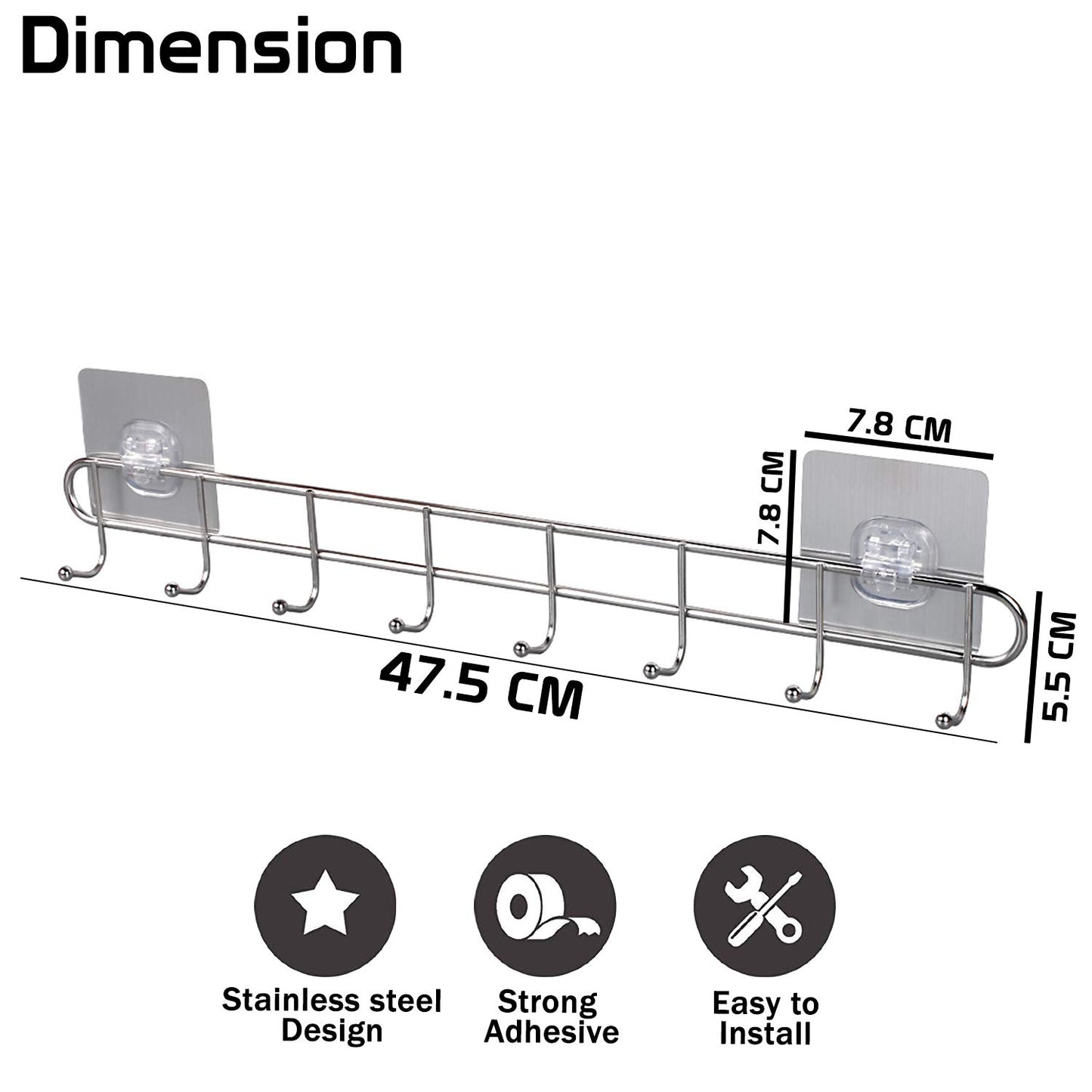 Magic Sticker Series Self Adhesive Stainless Steel 6/8 Hook Rail - 5KG Load Capacity