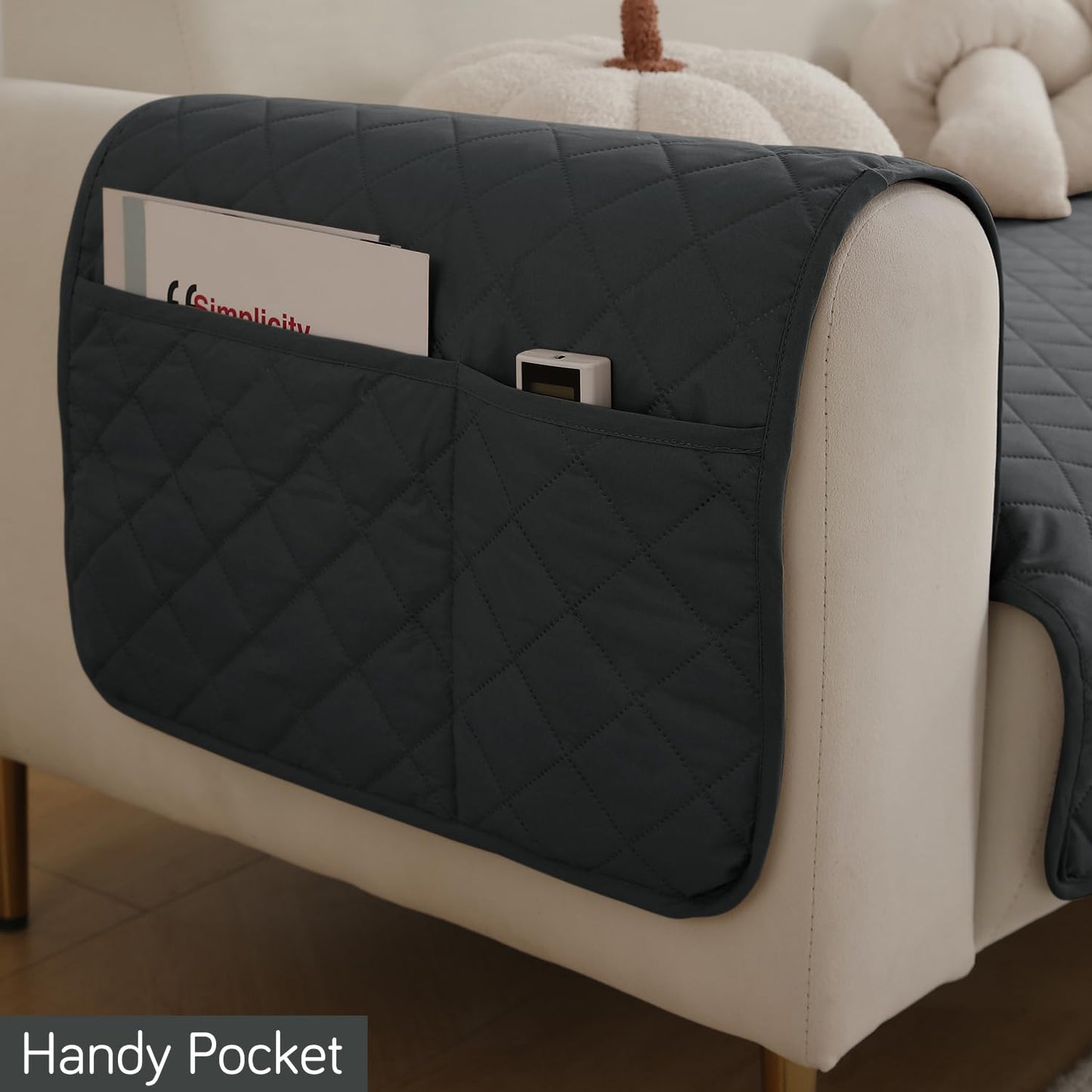 HOKIPO Quilted Waterproof Sofa Seat Mat for 1/2/3 Seater Sofa with 2 Armrest Covers with Pockets, Grey