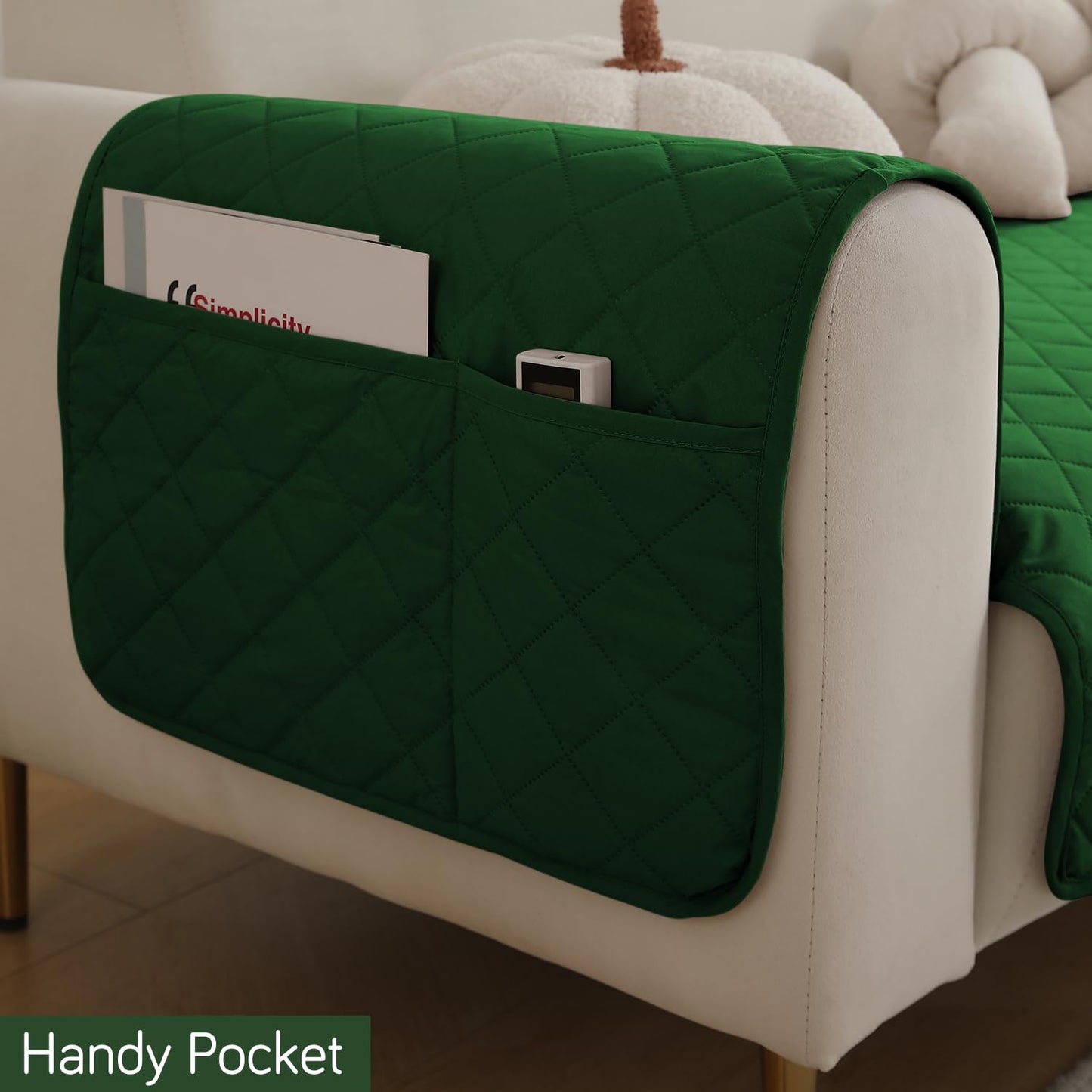HOKIPO Quilted Waterproof Sofa Seat Mat for 1/2/3 Seater Sofa with 2 Armrest Covers with Pockets, Green