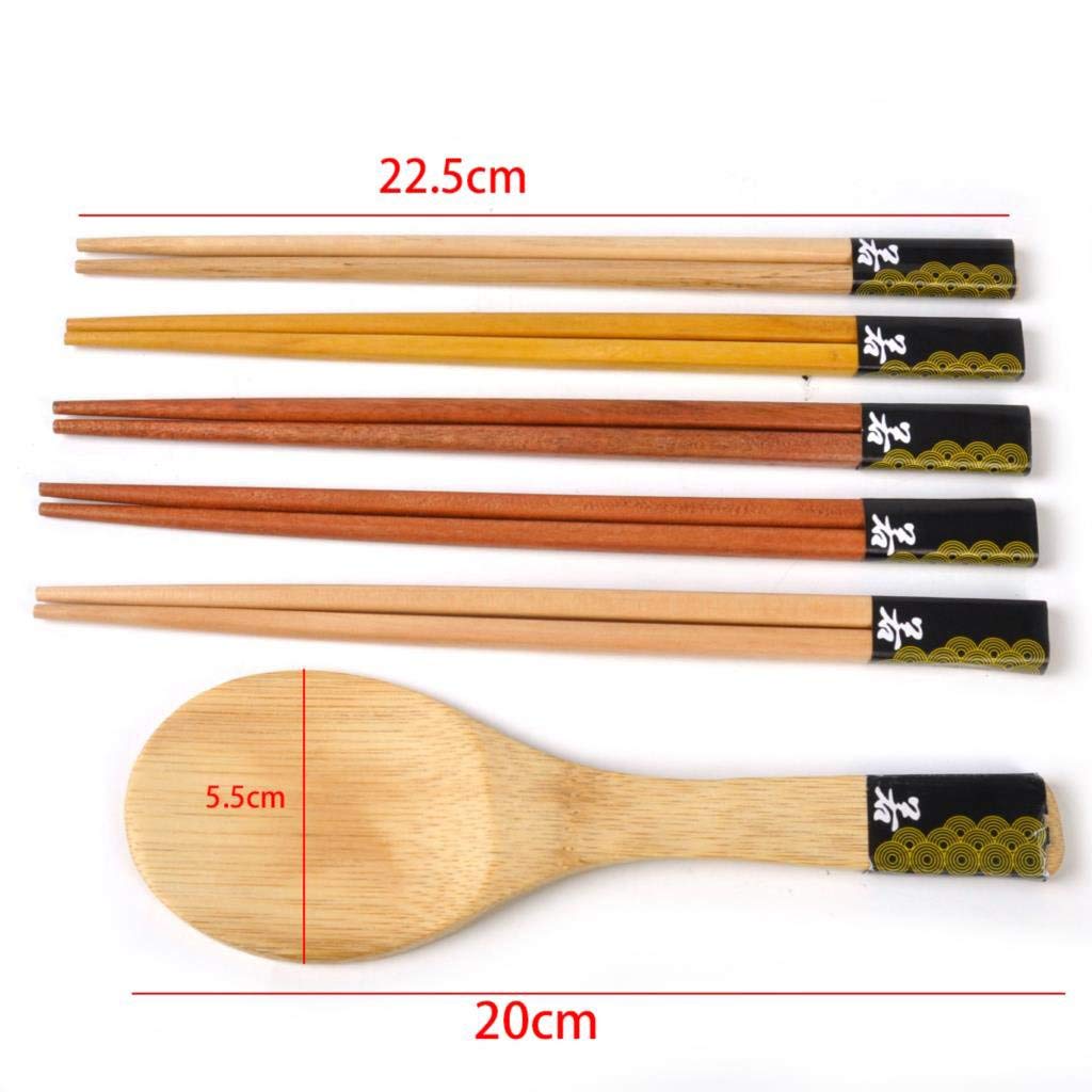 5 Pairs Wooden Bamboo Chopsticks with Rice Serving Spoon