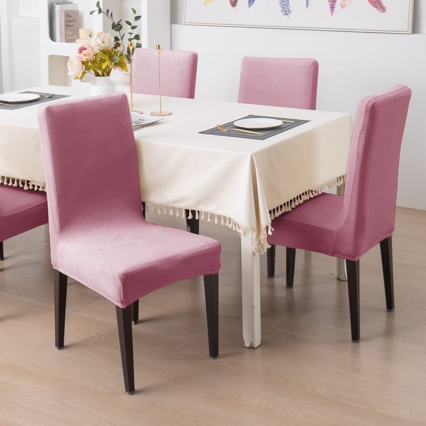 Elastic Stretchable Premium Velvet Dining Chair Cover, Pink