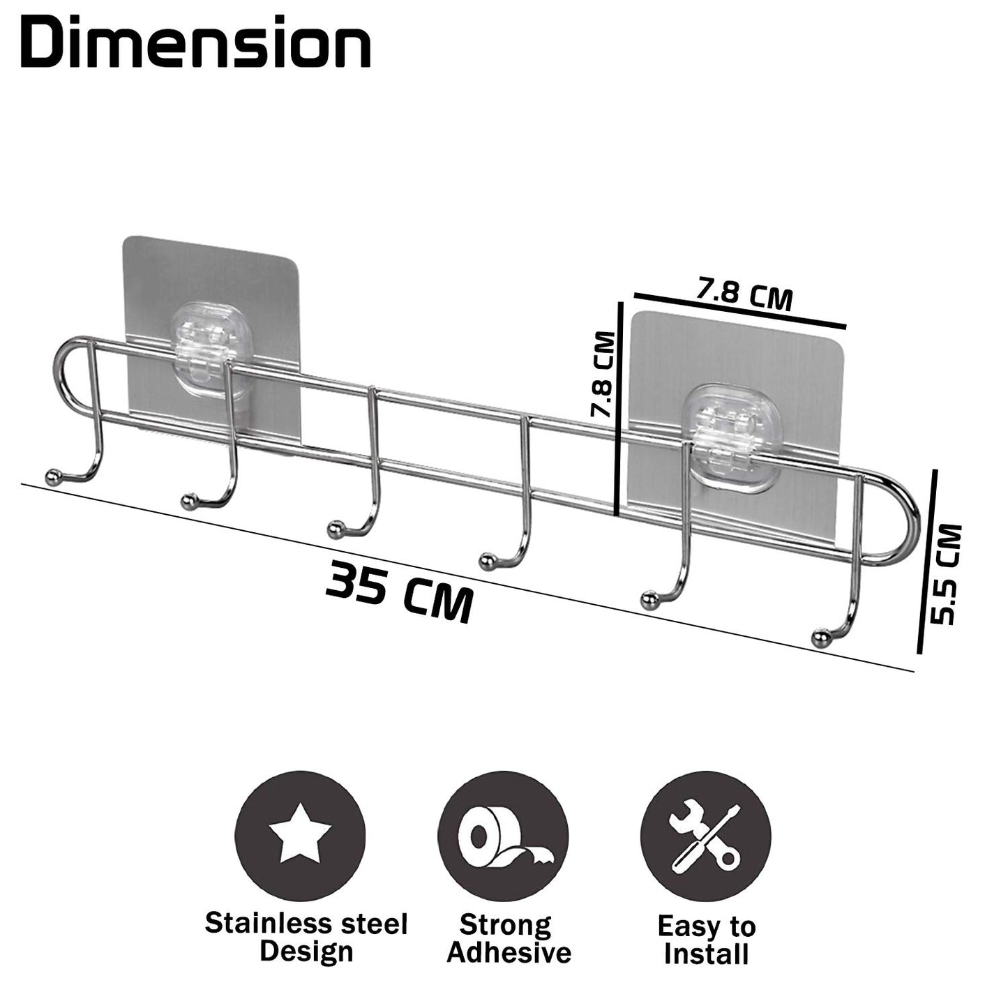 Magic Sticker Series Self Adhesive Stainless Steel 6/8 Hook Rail - 5KG Load Capacity