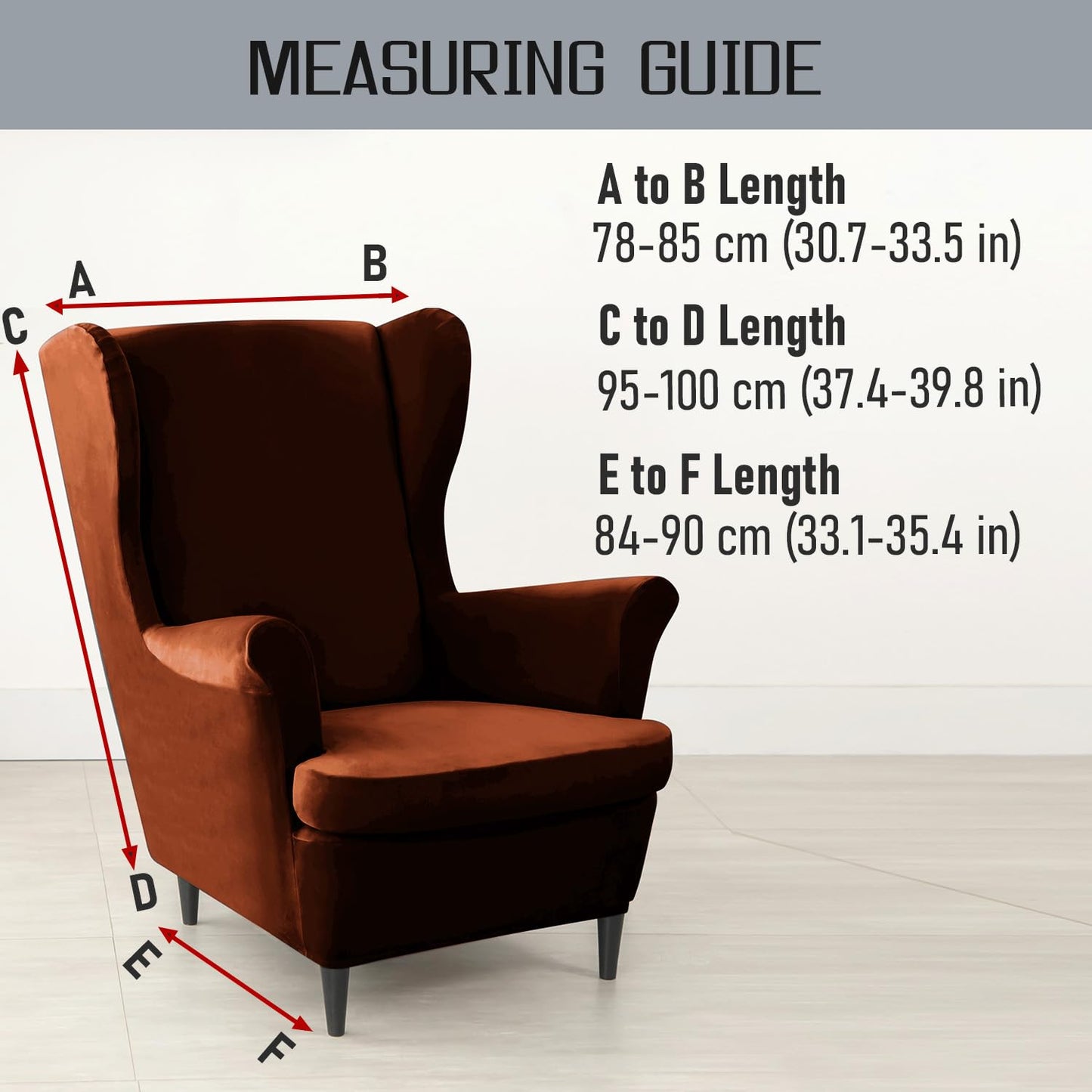 Size Guide for Rustic Brown Premium Velvet Chair Covers for Wingback Chairs