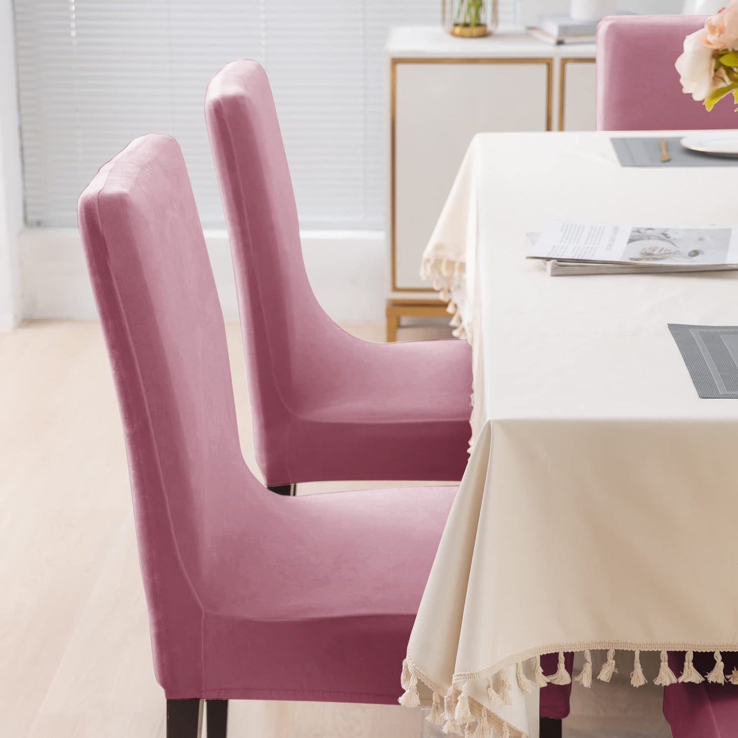 Elastic Stretchable Premium Velvet Dining Chair Cover, Pink