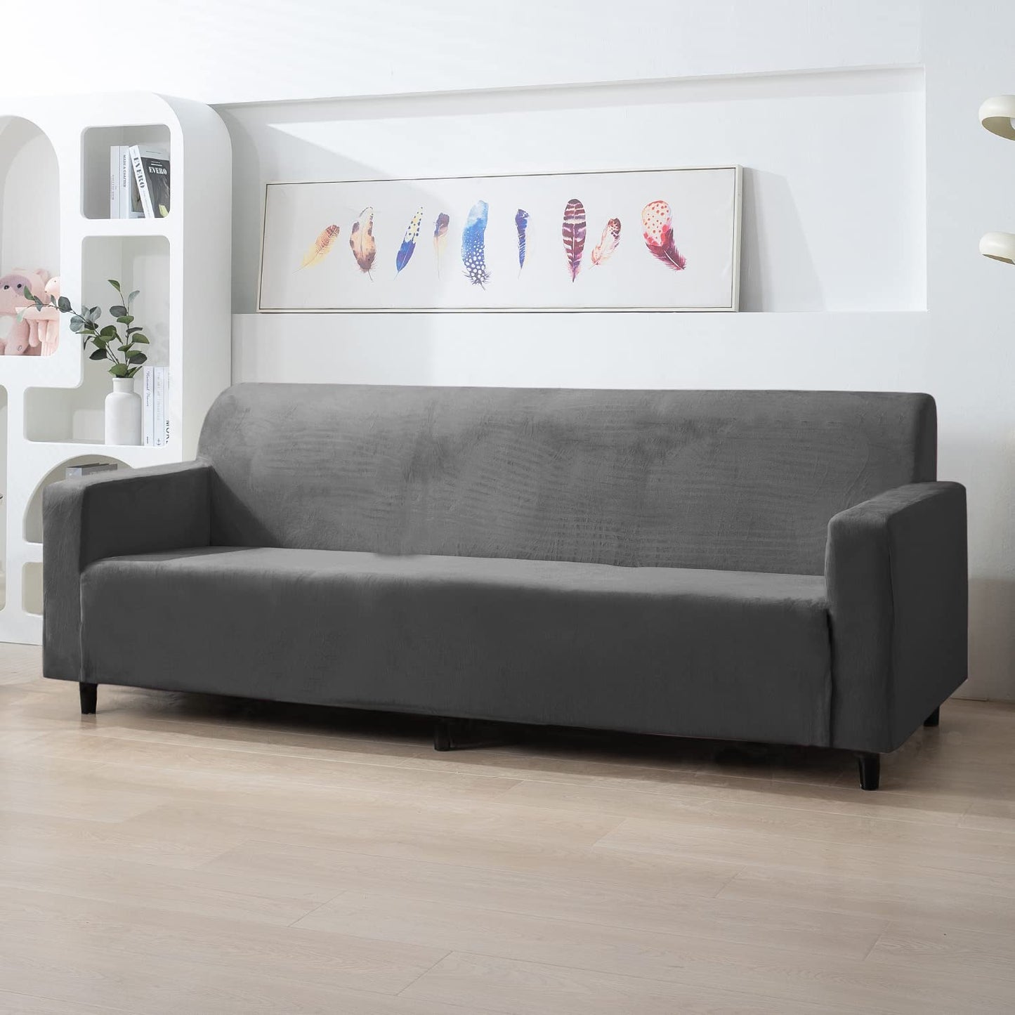 Dark Grey four seater stretchable velvet sofa cover