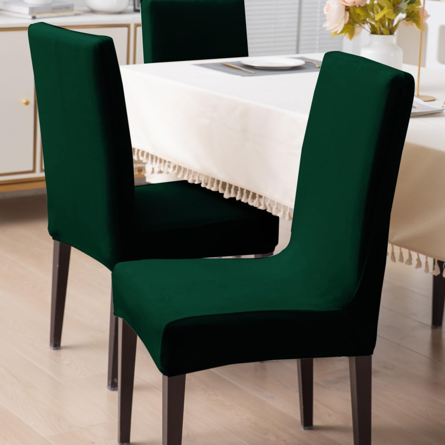 Elastic Stretchable Premium Velvet Dining Chair Cover, Hunter Green