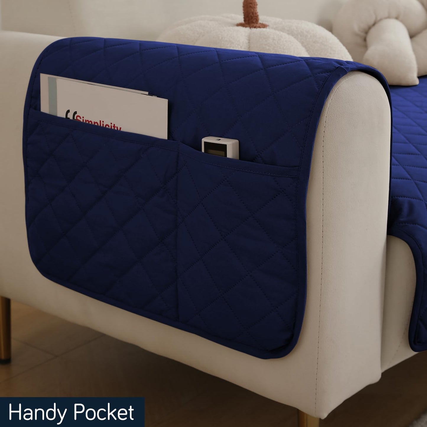 HOKIPO Quilted Waterproof Sofa Seat Mat for 1/2/3 Seater Sofa with 2 Armrest Covers with Pockets, Navy Blue