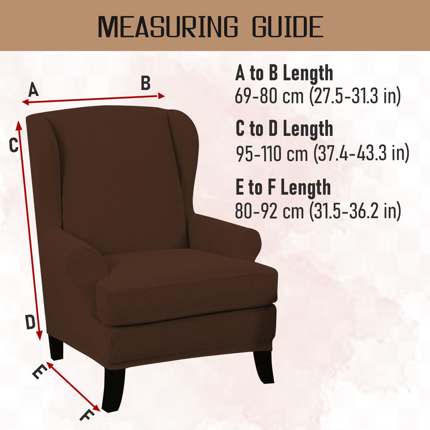 Dark Brown Jacquard Elastic Chair Cover for Wingback Chair Size Guide