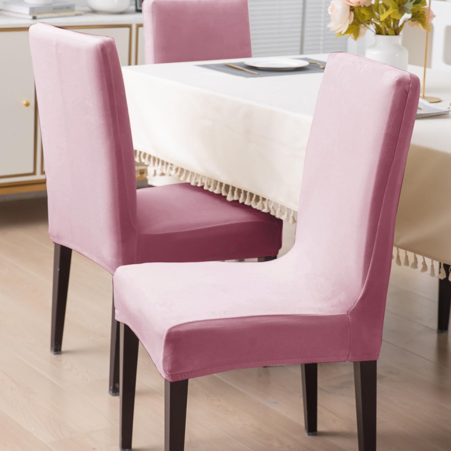 Elastic Stretchable Premium Velvet Dining Chair Cover, Pink