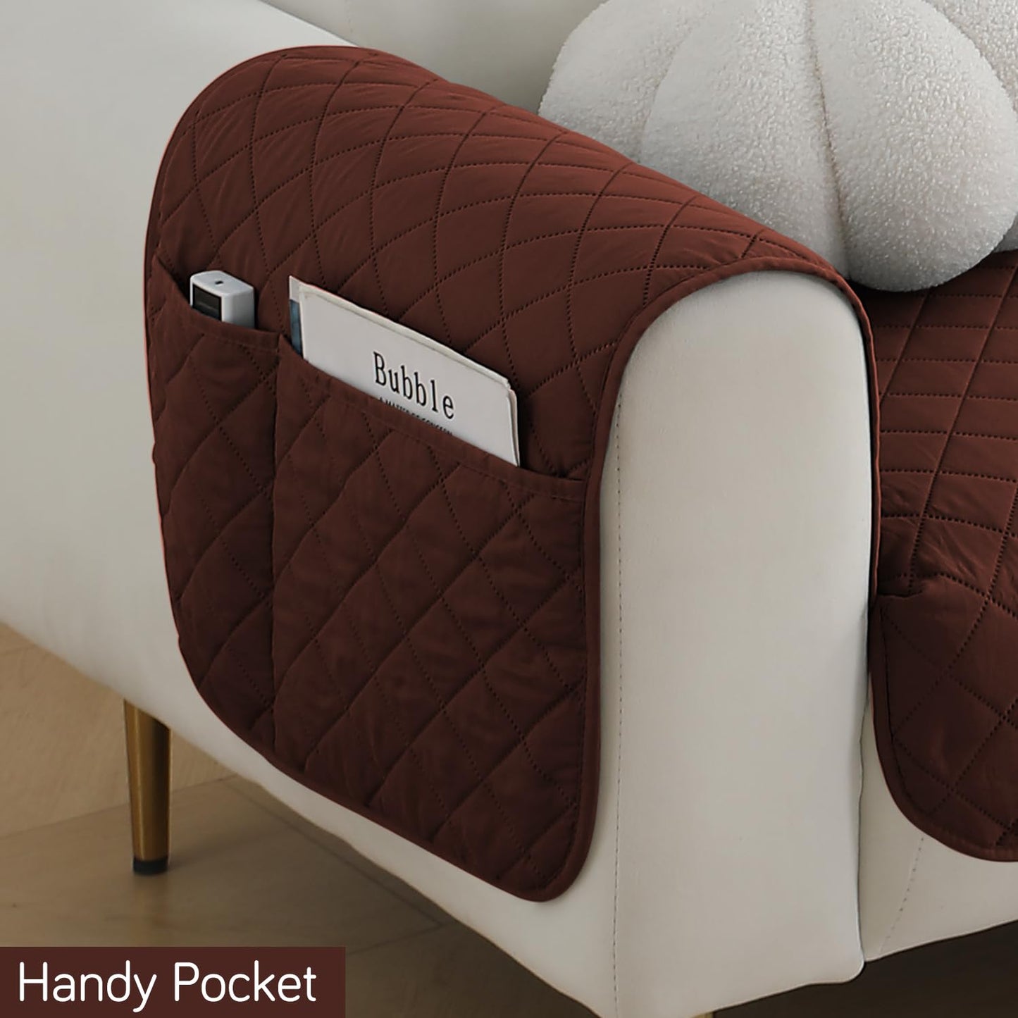 HOKIPO Quilted Waterproof Sofa Seat Mat with 2 Armrest Covers with Pockets, Brown