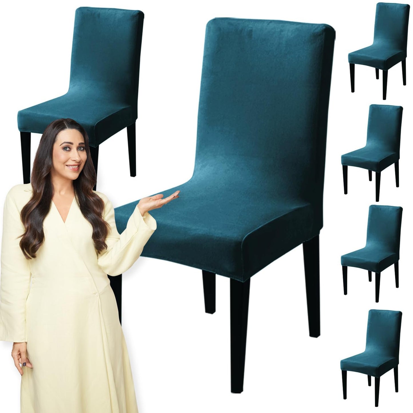 Elastic Stretchable Premium Velvet Dining Chair Cover, Peacock Blue