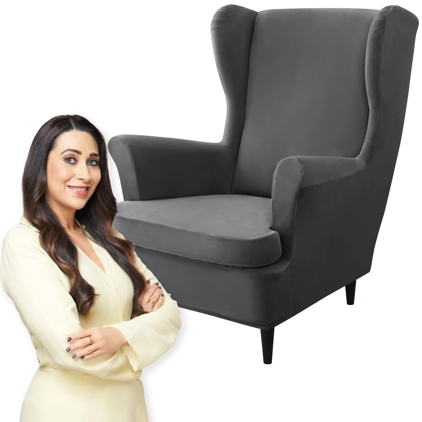 Buy Dark Grey Velvet Wing Chair Cover