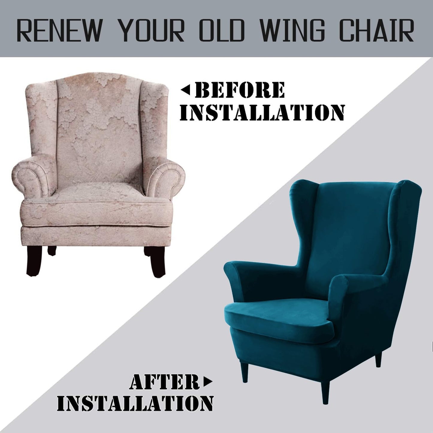 Stylish Peacock Blue Elastic Velvet Wing Chair Cover