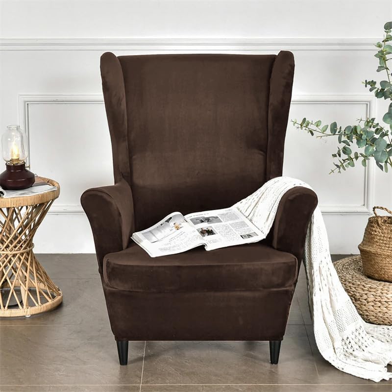 Premium Brown Elastic Velvet Wingback Chair Cover