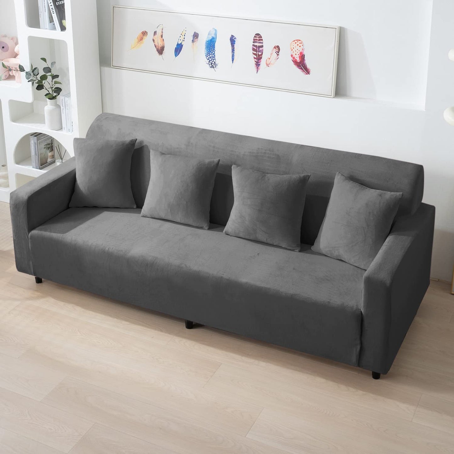 Dark Grey four seater elastic velvet sofa cover