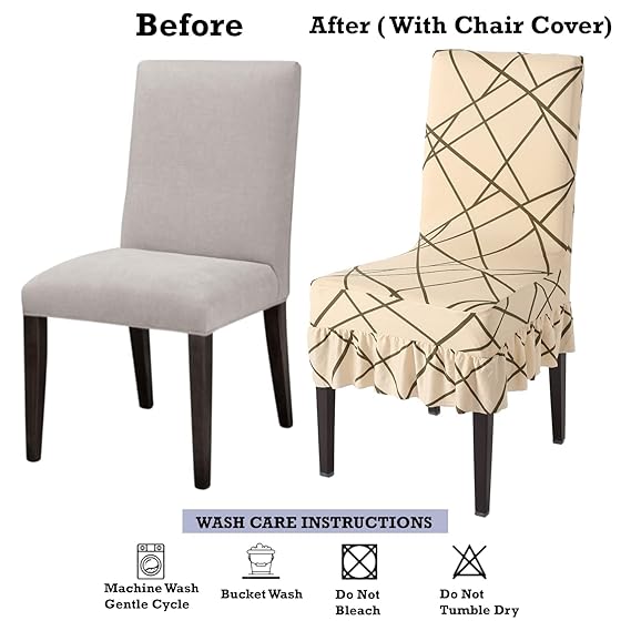 Elastic Stretchable Dining Chair Cover with Frill, Beige Abstract Line