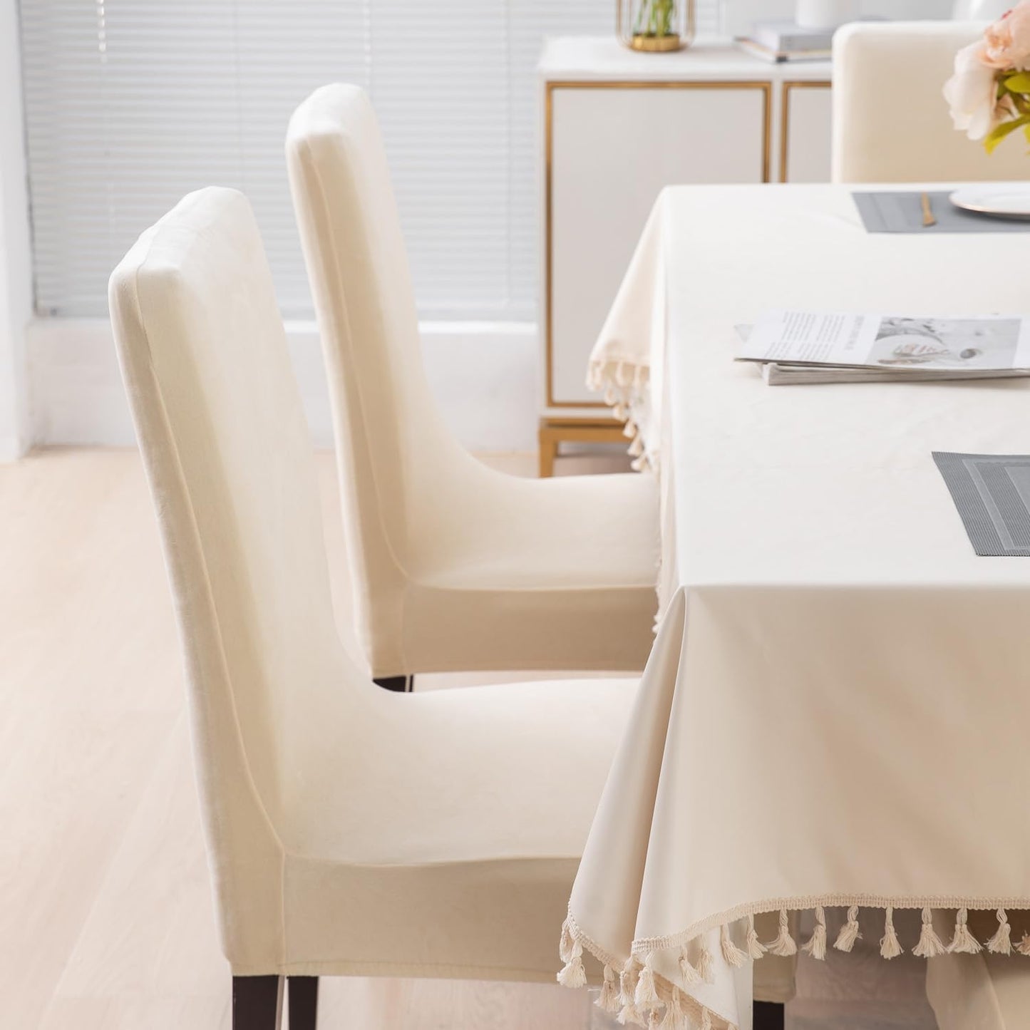 Elastic Stretchable Premium Velvet Dining Chair Cover, Beige