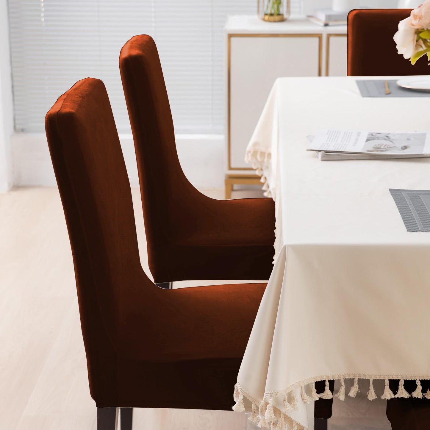 Elastic Stretchable Premium Velvet Dining Chair Cover, Rustic Brown
