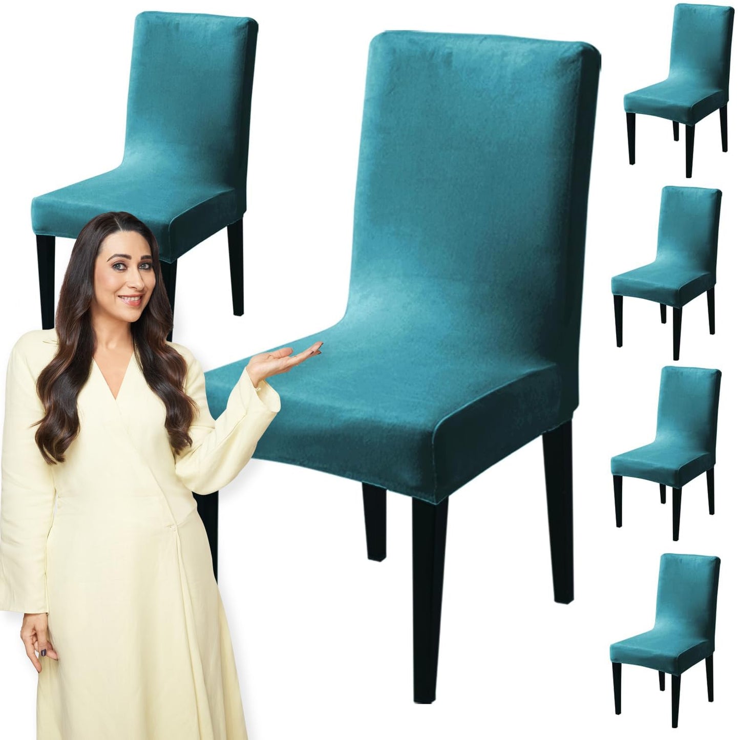 Elastic Stretchable Premium Velvet Dining Chair Cover, Turquoise