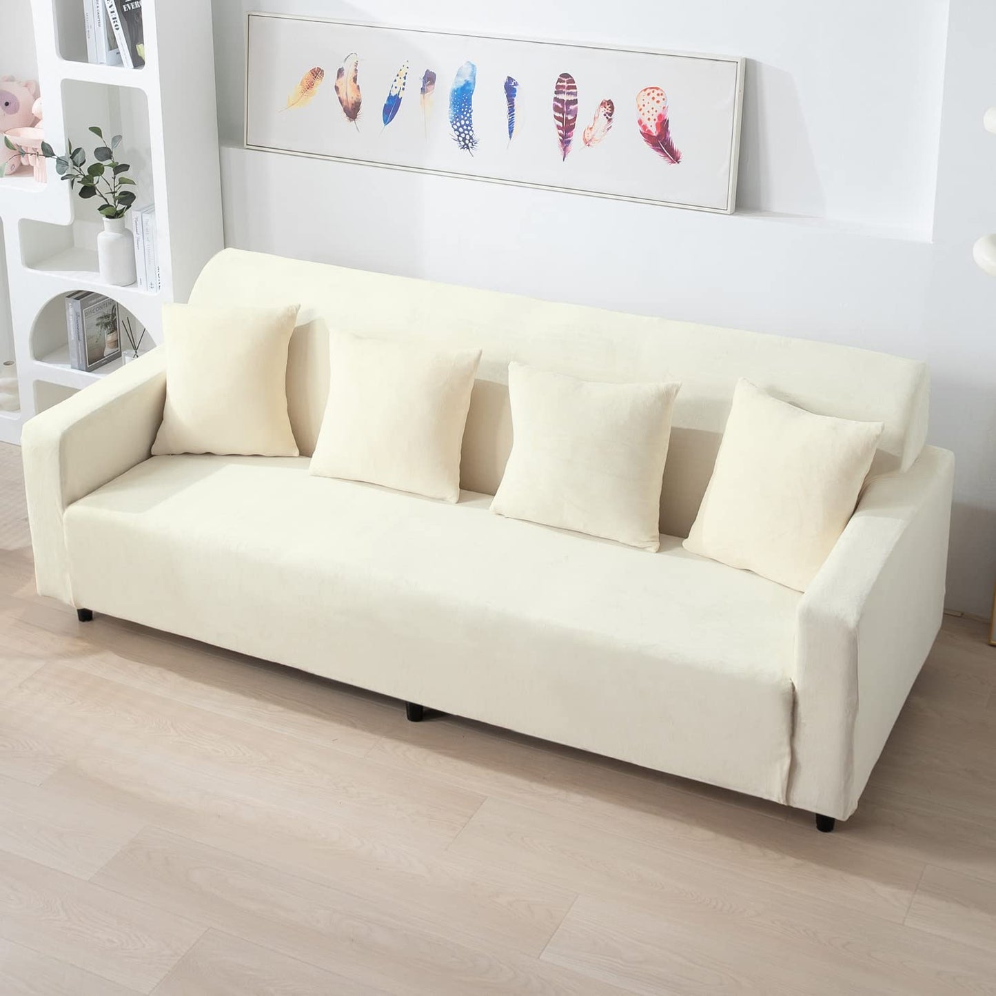 Beige 4 seater stretchable velvet sofa cover