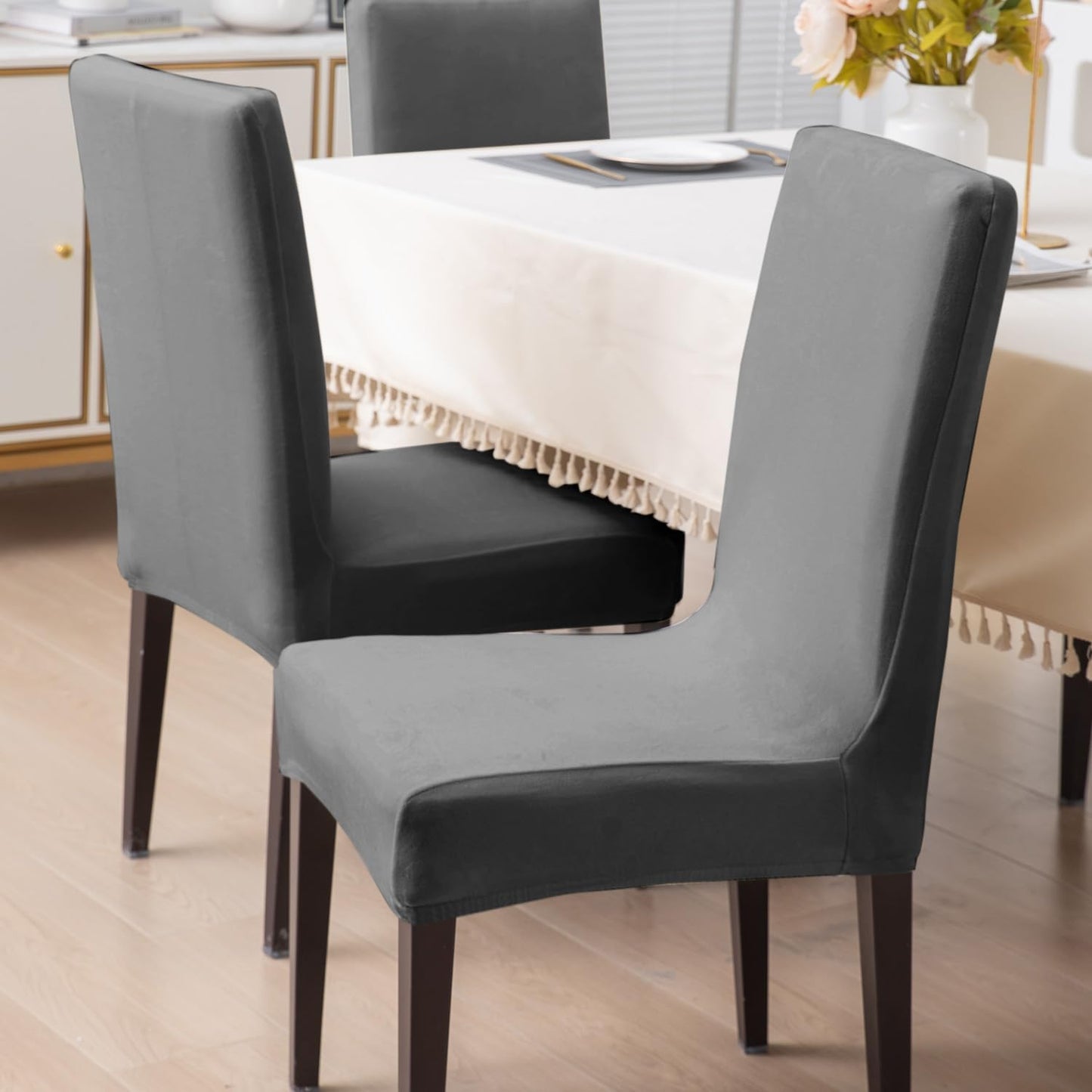 Elastic Stretchable Premium Velvet Dining Chair Cover, Dark Grey