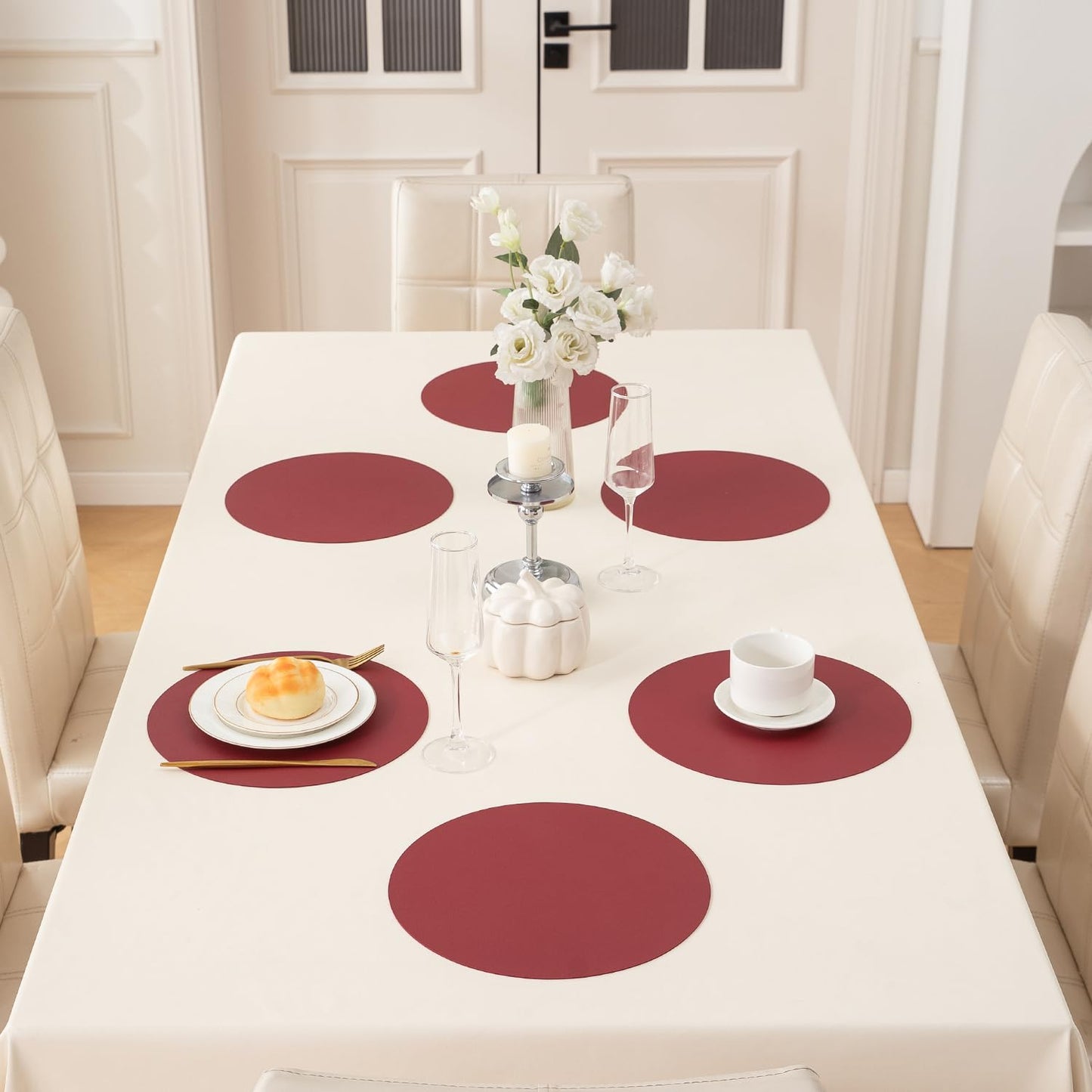 Premium Faux Leather Dining Table Round Mats, Maroon
