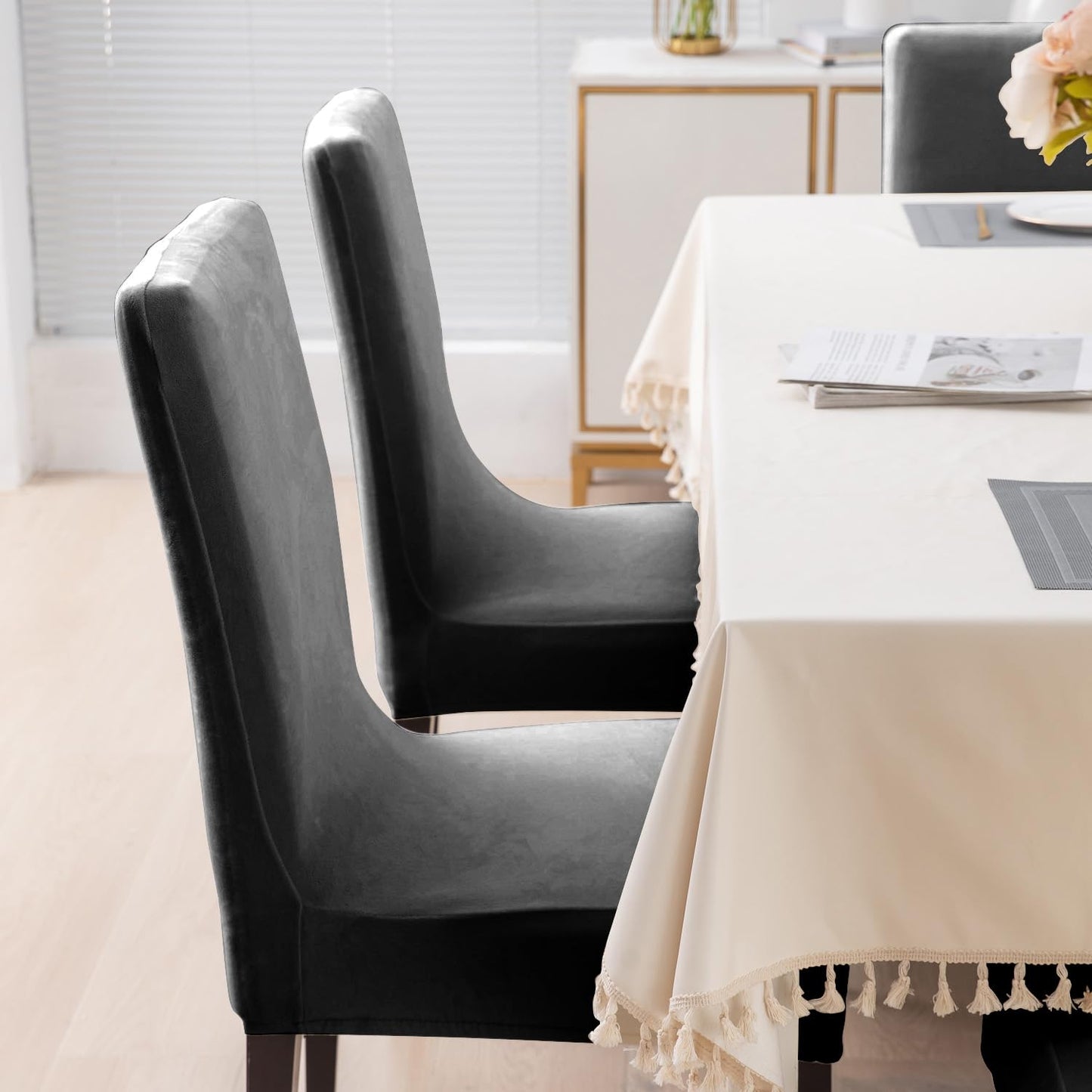 Elastic Stretchable Premium Velvet Dining Chair Cover, Dark Grey