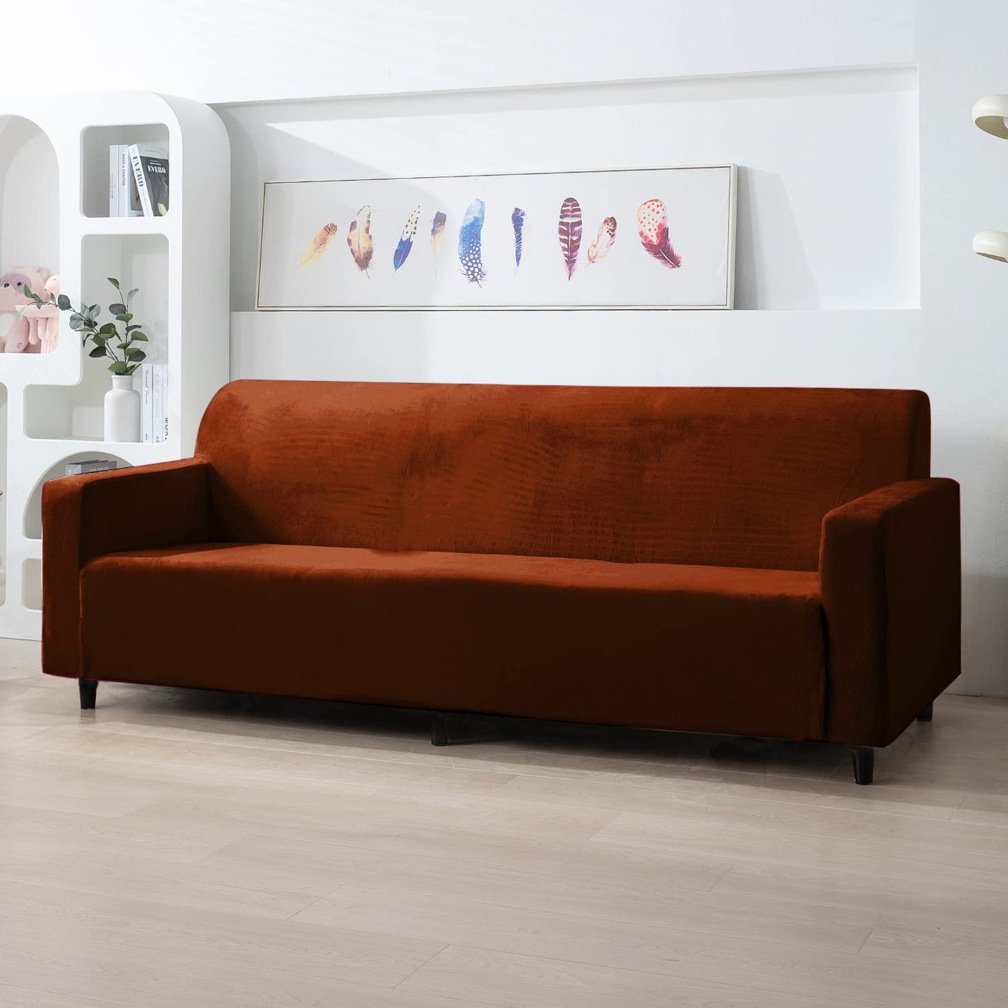 Rustic Brown 4 seater stretchable velvet sofa cover