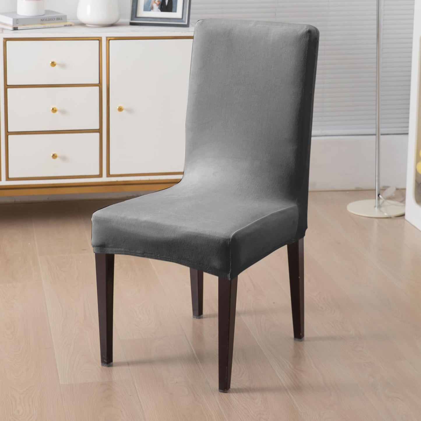 Elastic Stretchable Premium Velvet Dining Chair Cover, Dark Grey