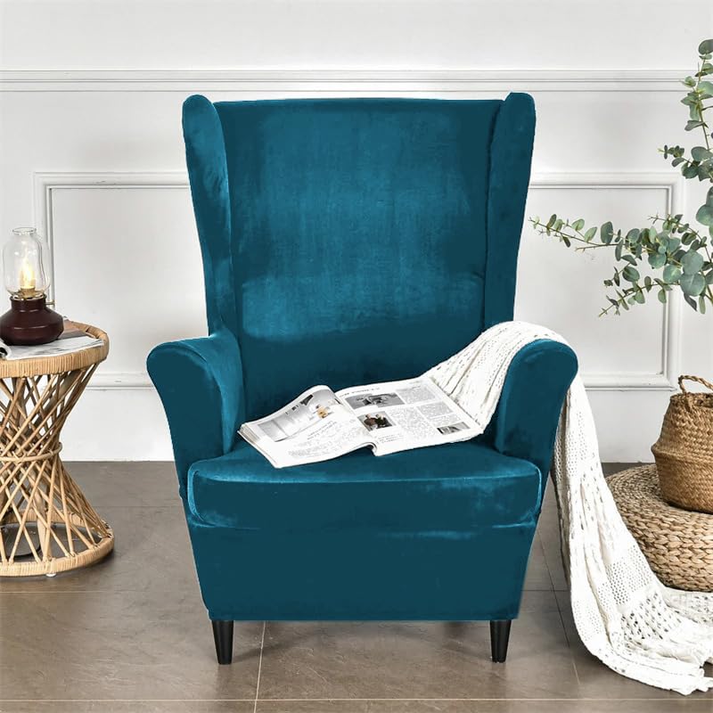 Buy Peacock Blue Premium Velvet Chair Covers for Wingback Chairs