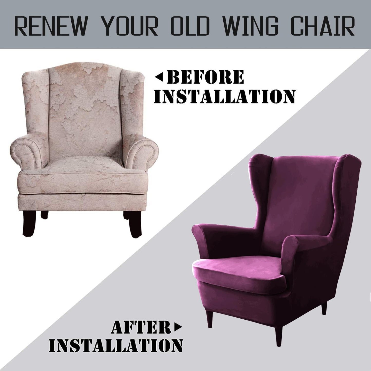 Premium Purple Elastic Velvet Wing Chair Cover
