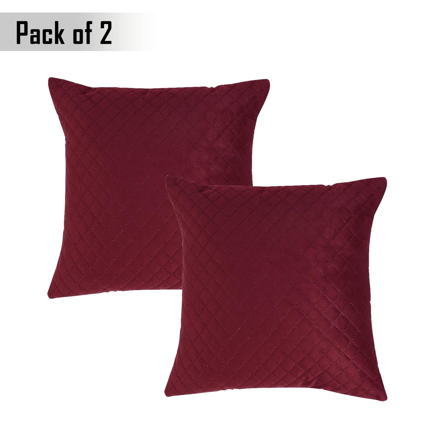 Buy Sangria Red Colour Zippered Square Quilted Velvet Cushion Covers in set of 2