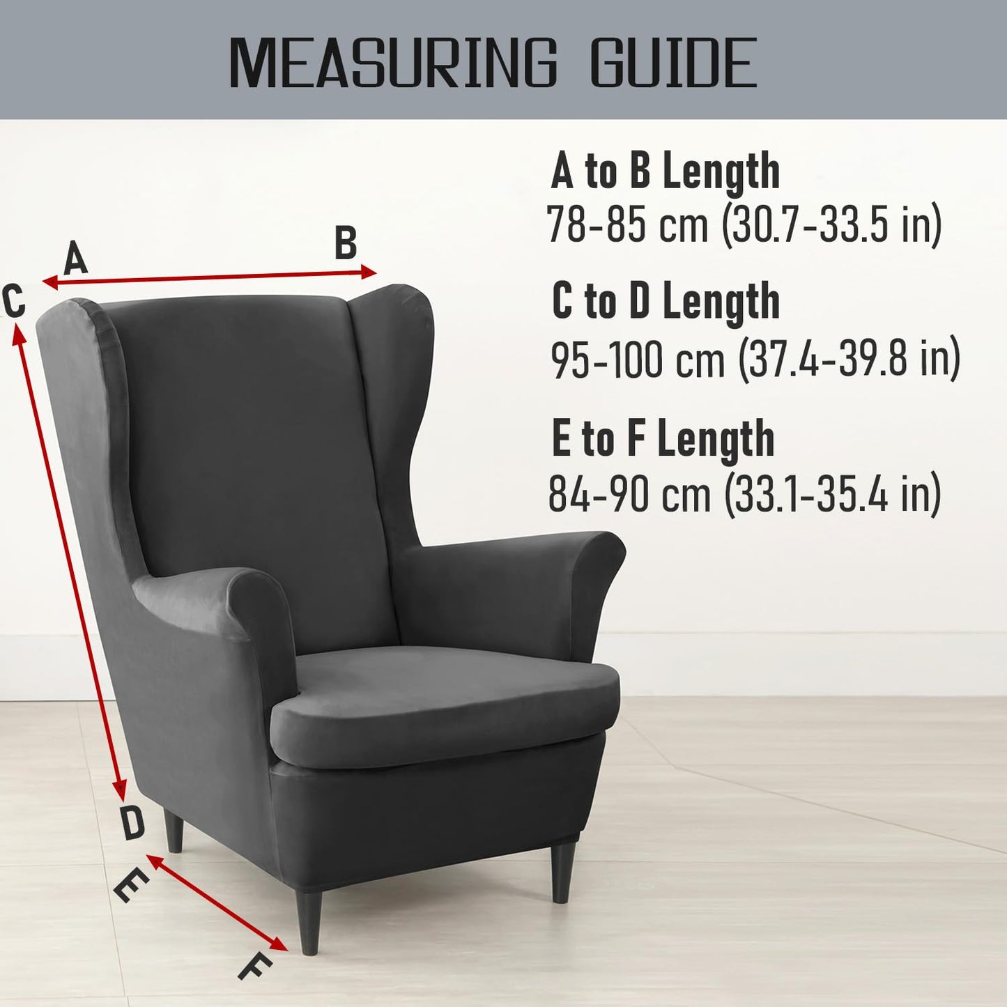 Size Guide for Dark Grey Premium Velvet Chair Covers for Wingback Chairs