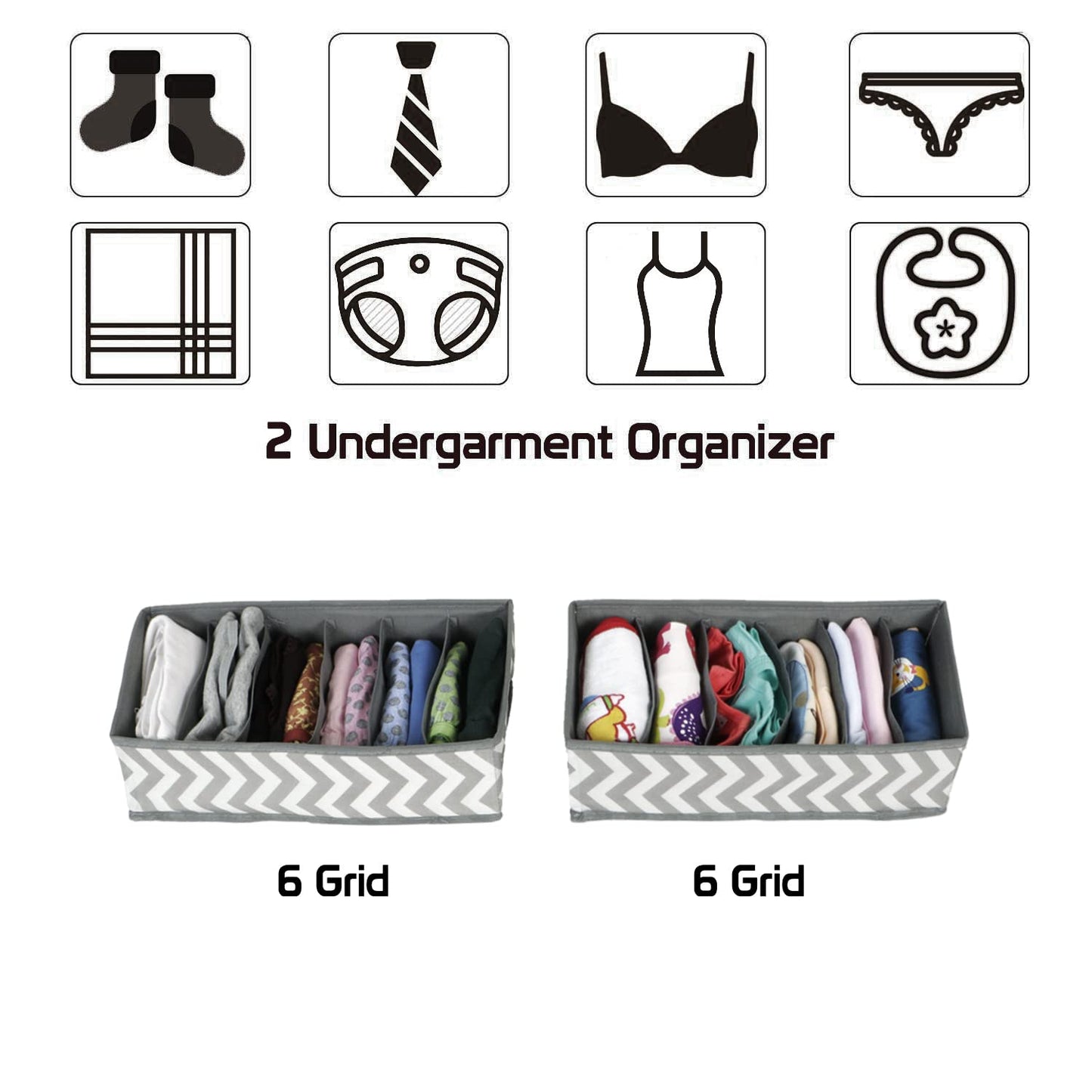 Fabric Undergarment Organizer Storage Box For Drawers Bra Panty Socks Tie Lingerie Organizer For Wardrobe, 6 Grid*2, Grey, Drawer Organizers